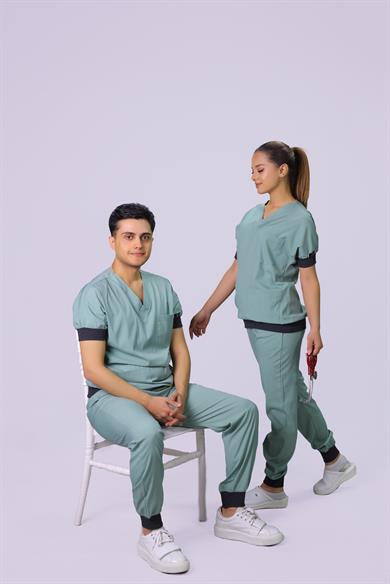 Su Yeşili  Ribanalı Lüks Likralı Unisex Hemşire Doktor Üniforma Takımı 