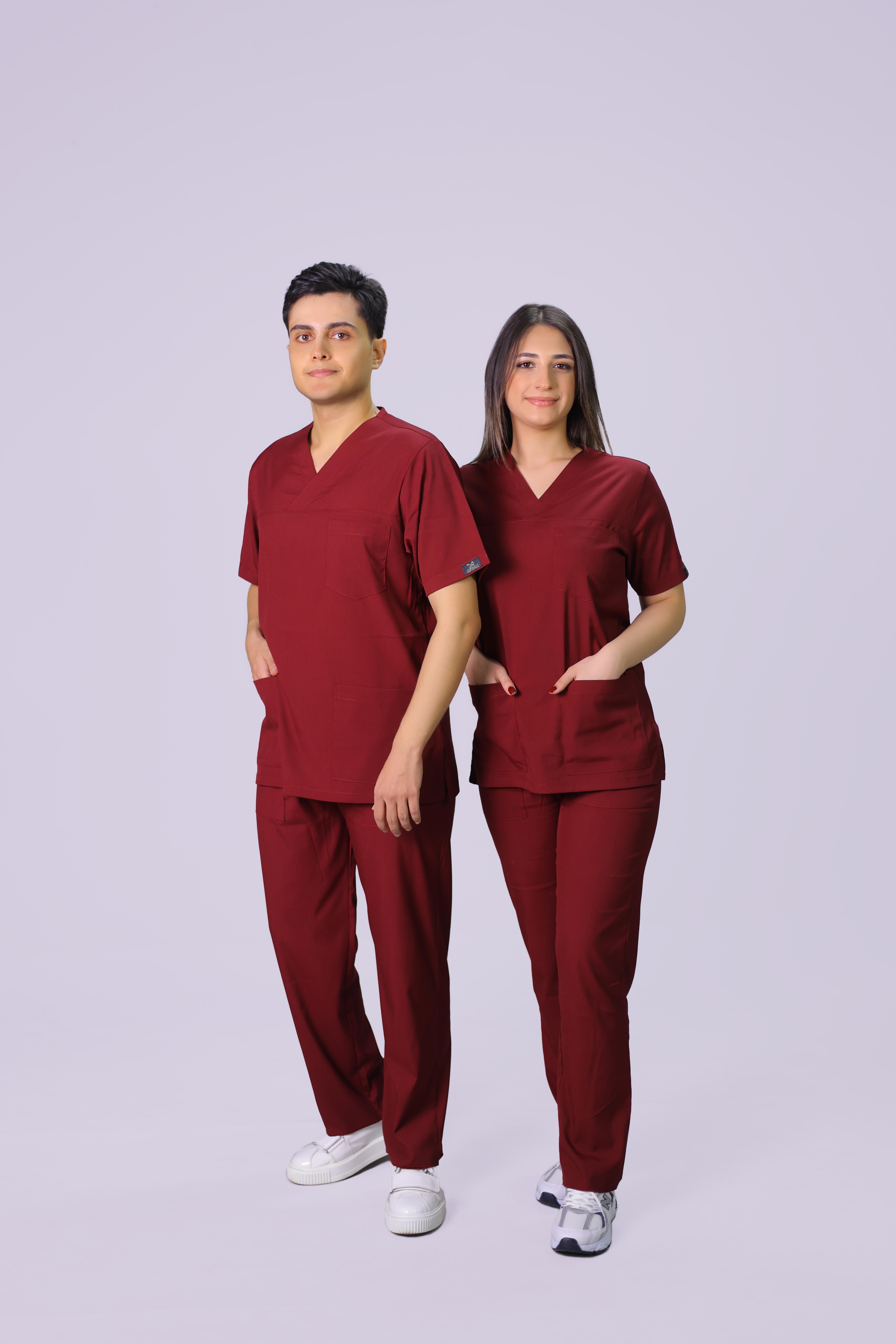  Bordo Lüks Likrali Klasik Unisex Overlock Paça Cerrahi Üniforma Takım 