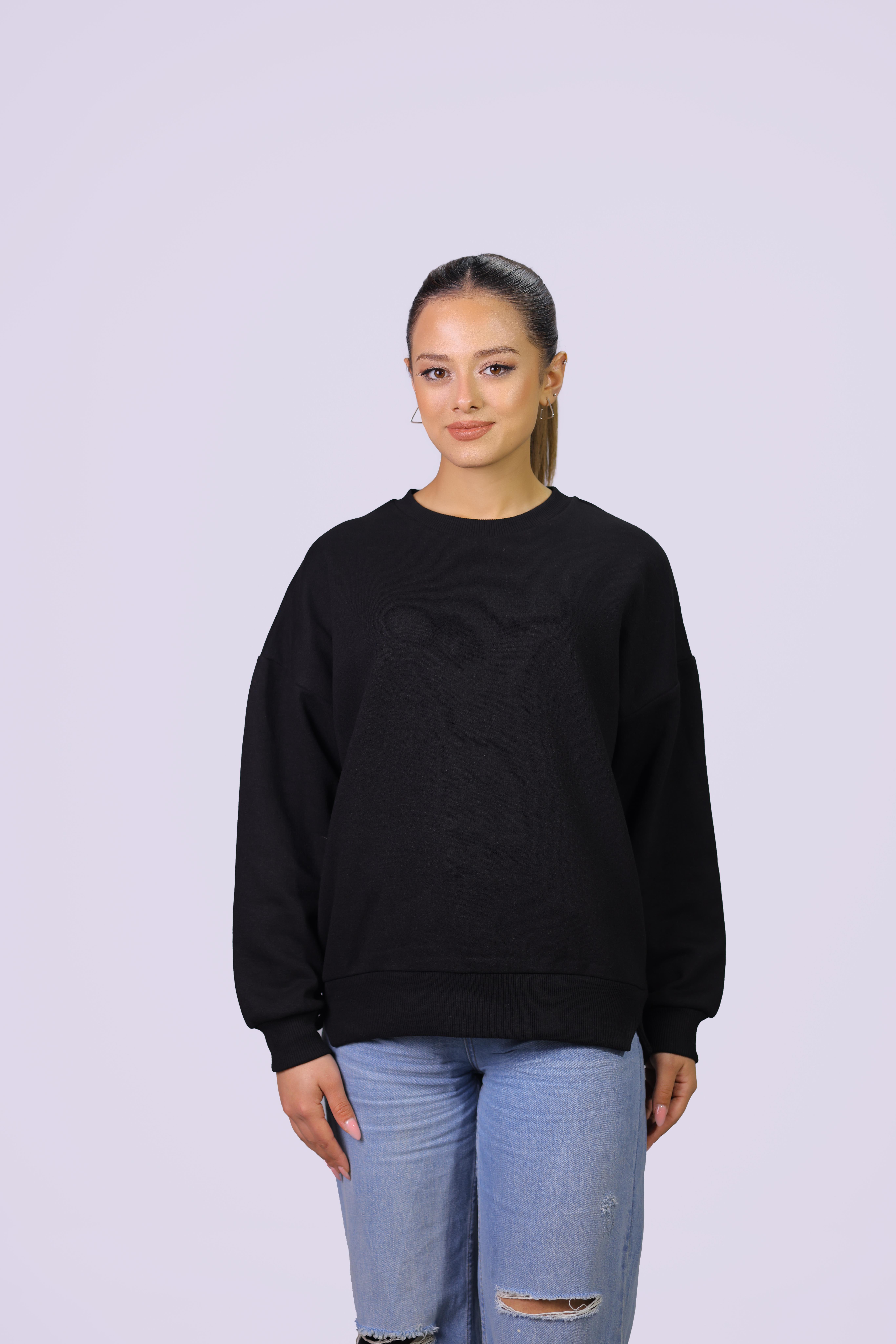 Kadın Siyah Oversize Bisiklet Yaka Pamuklu Crop  Sweatshirt