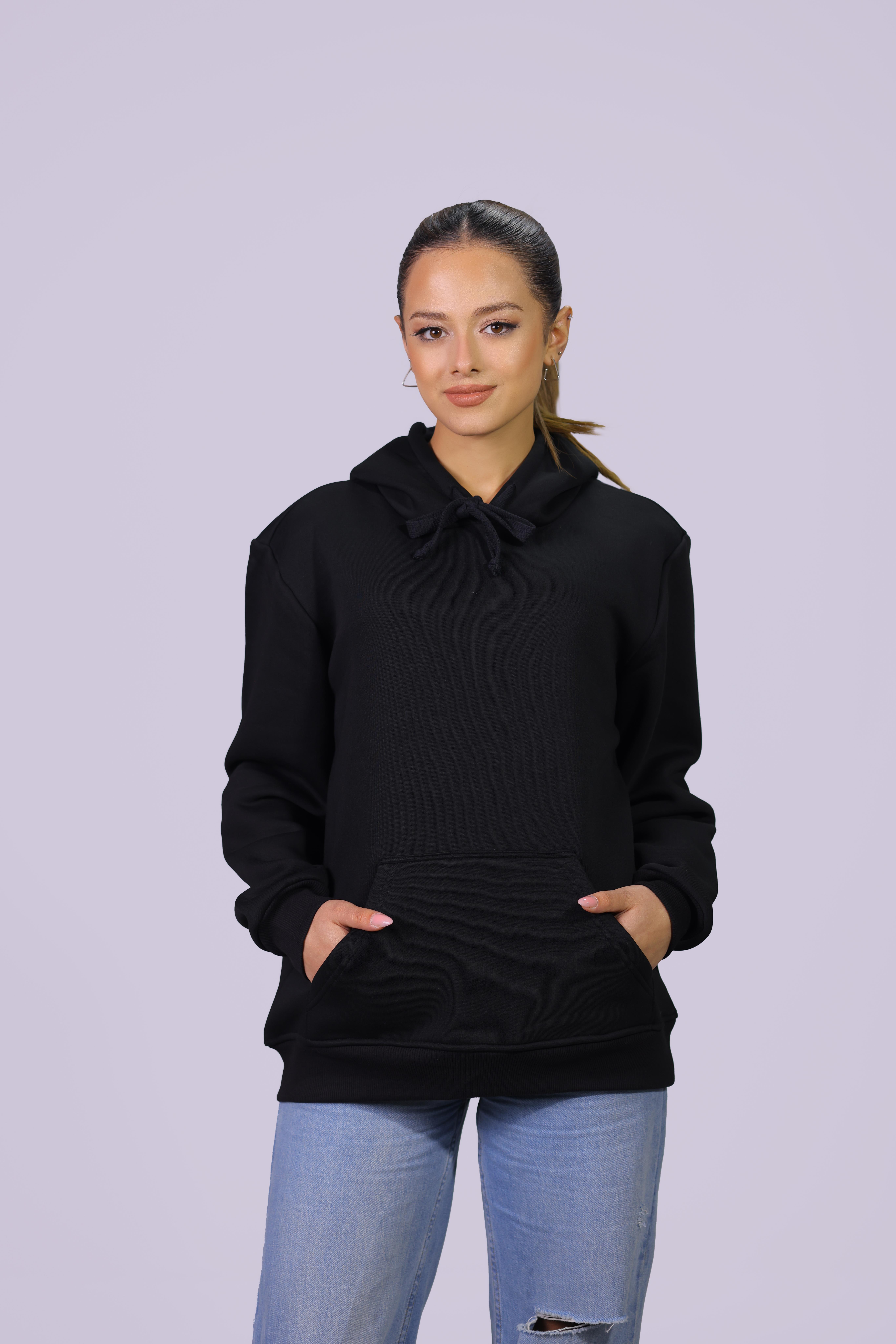  Kadın Siyah Regular Fit Pamuklu Kapüşonlu  Sweatshirt