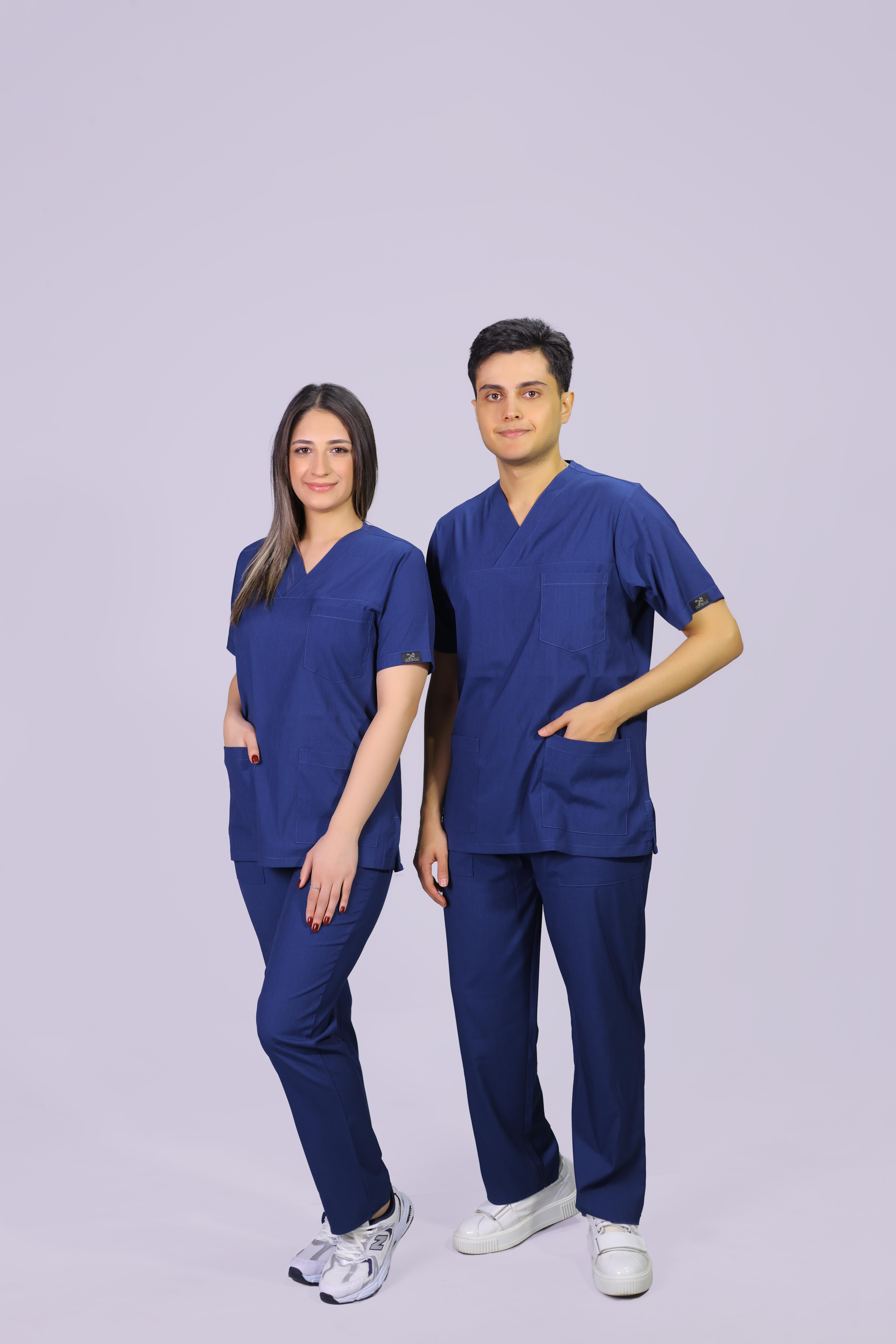 Açık Lacivert Lüks Likrali Klasik Unisex Overlock Paça Cerrahi Üniforma Takım