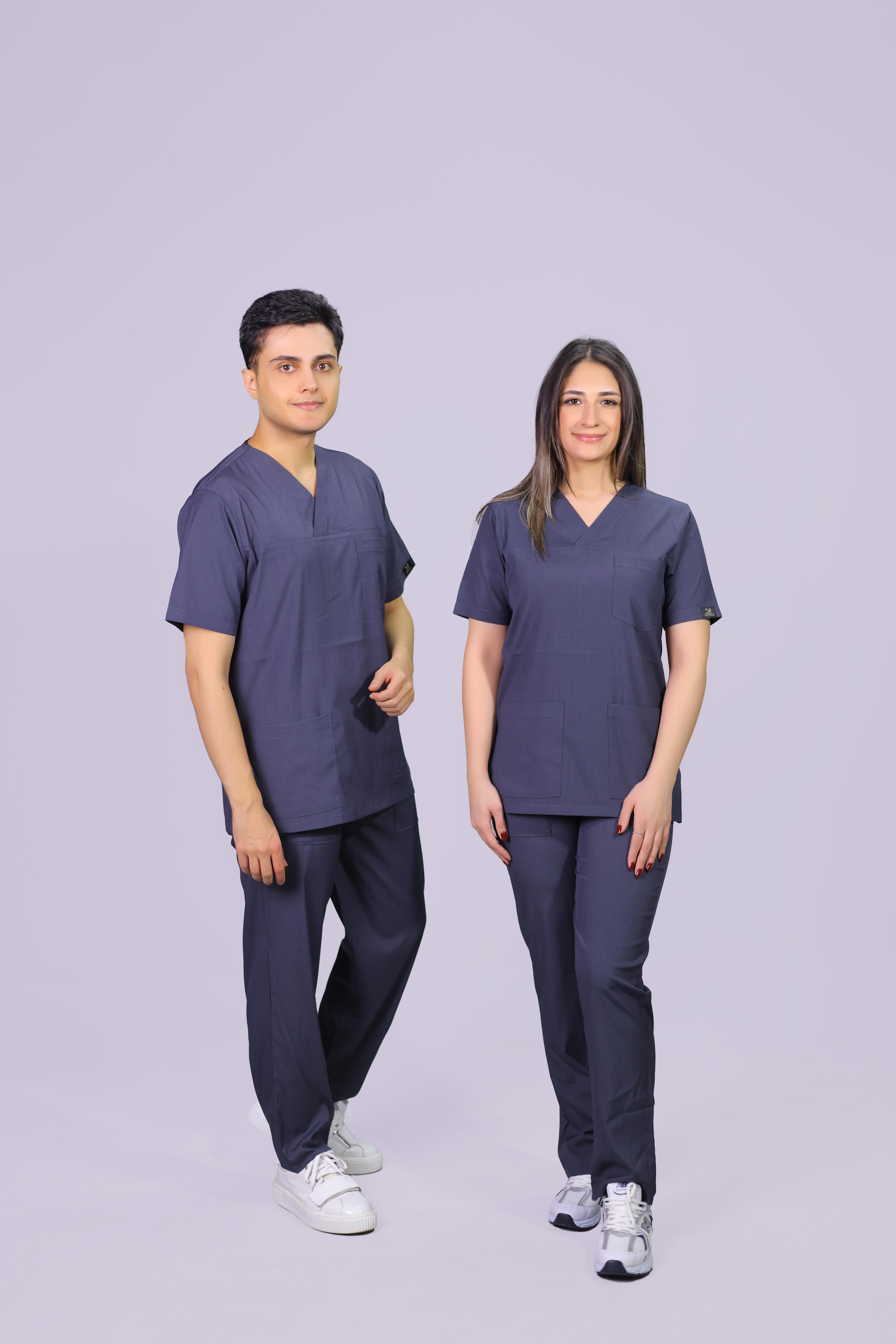 Antrasit  Lüks Likrali Klasik Unisex Overlock Paça Cerrahi Üniforma Takım