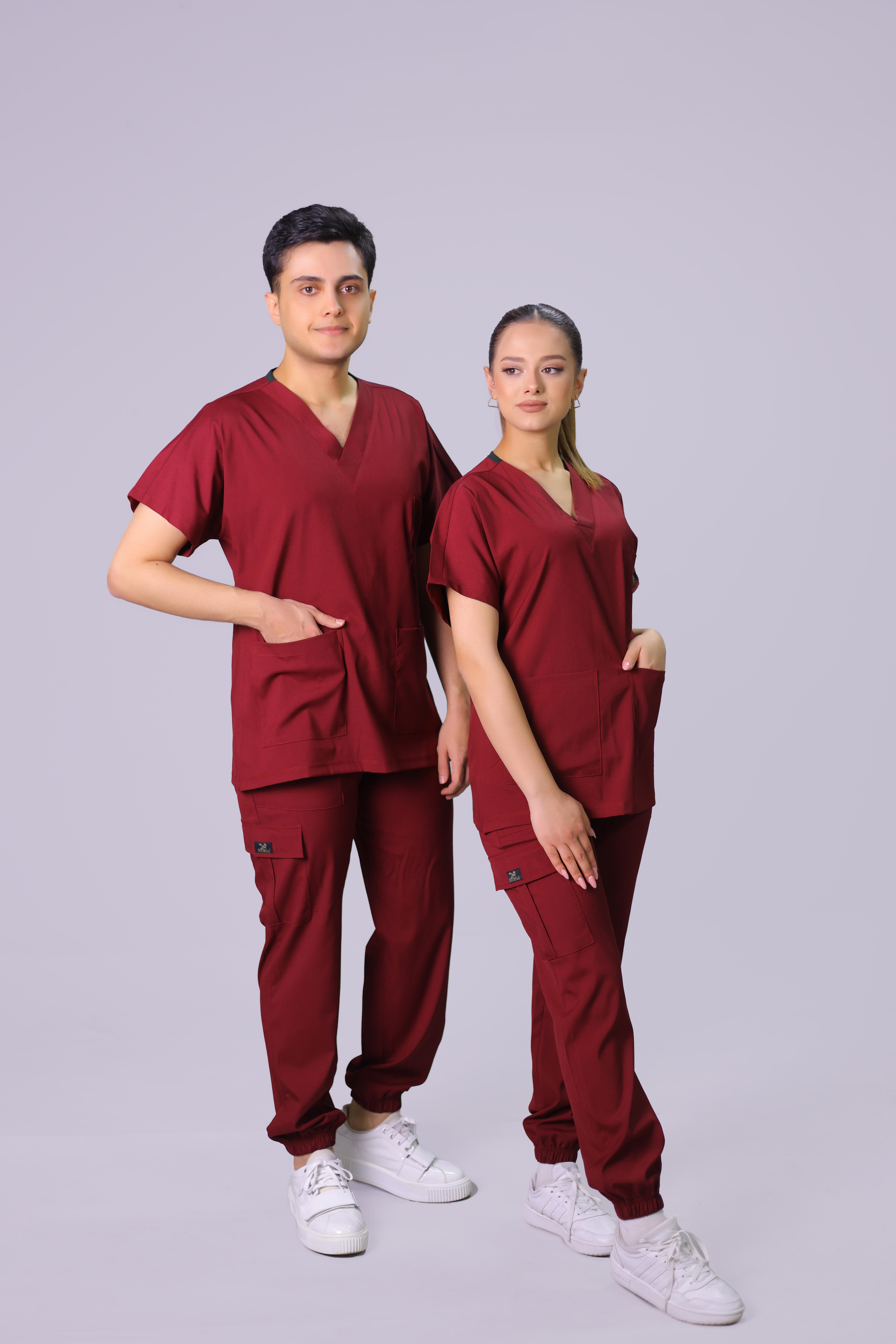 Bordo  Jogger Paça Lüks Likralı Unisex Üniforma Takımı