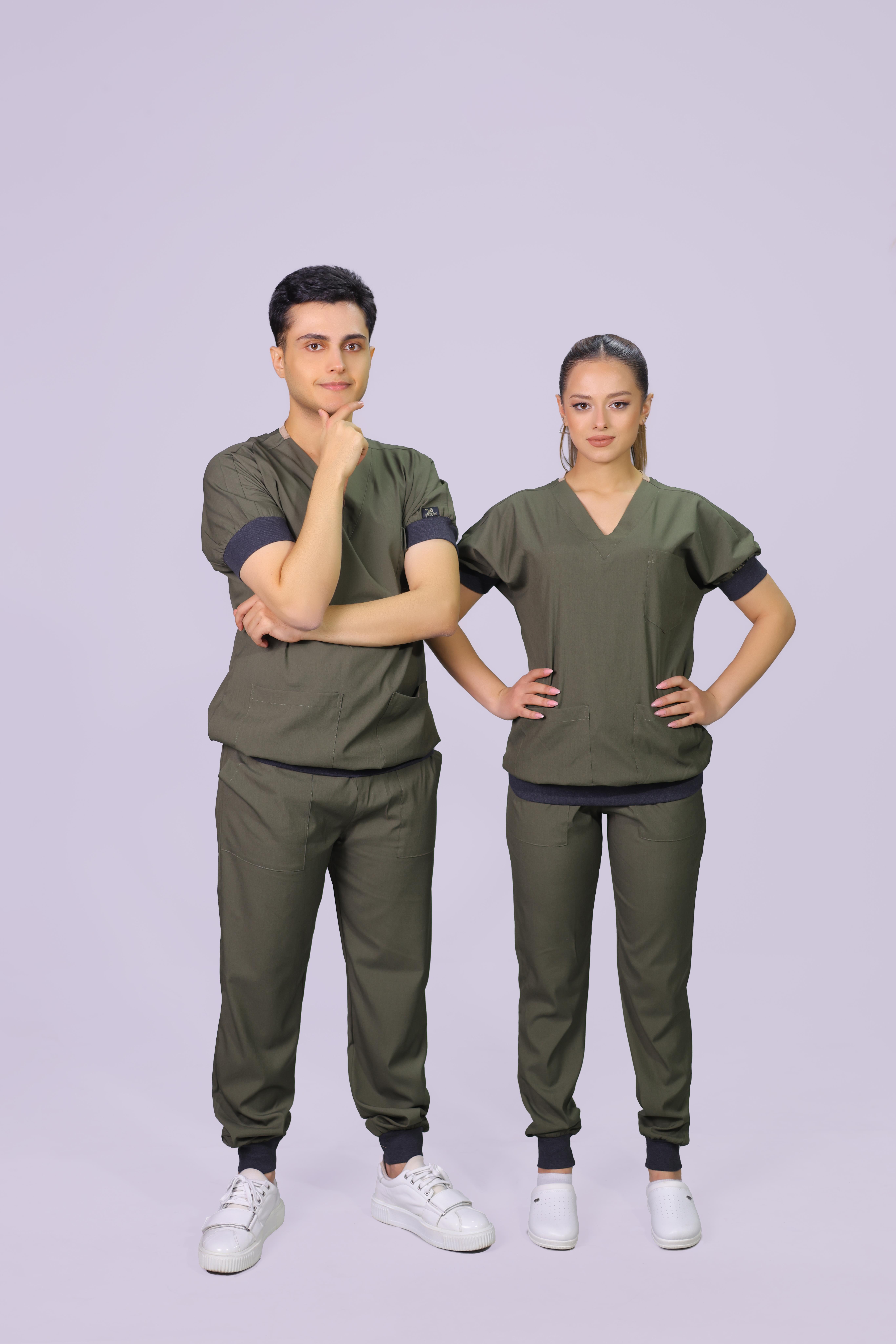 Haki  Ribanalı Lüks Likralı Unisex Hemşire Doktor Üniforma Takımı 