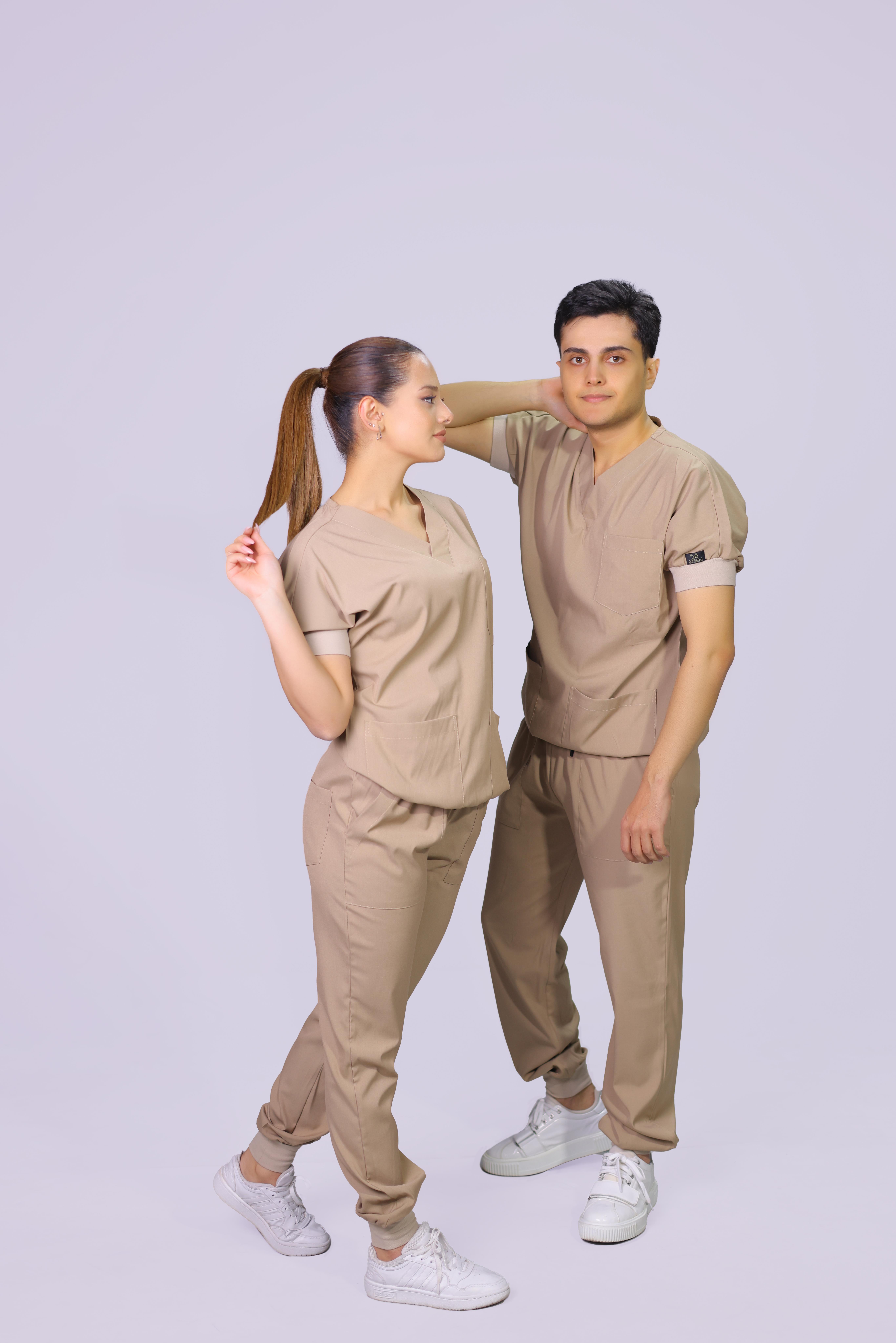 Krem  Ribanalı Lüks Likralı Unisex Hemşire Doktor Üniforma Takımı 