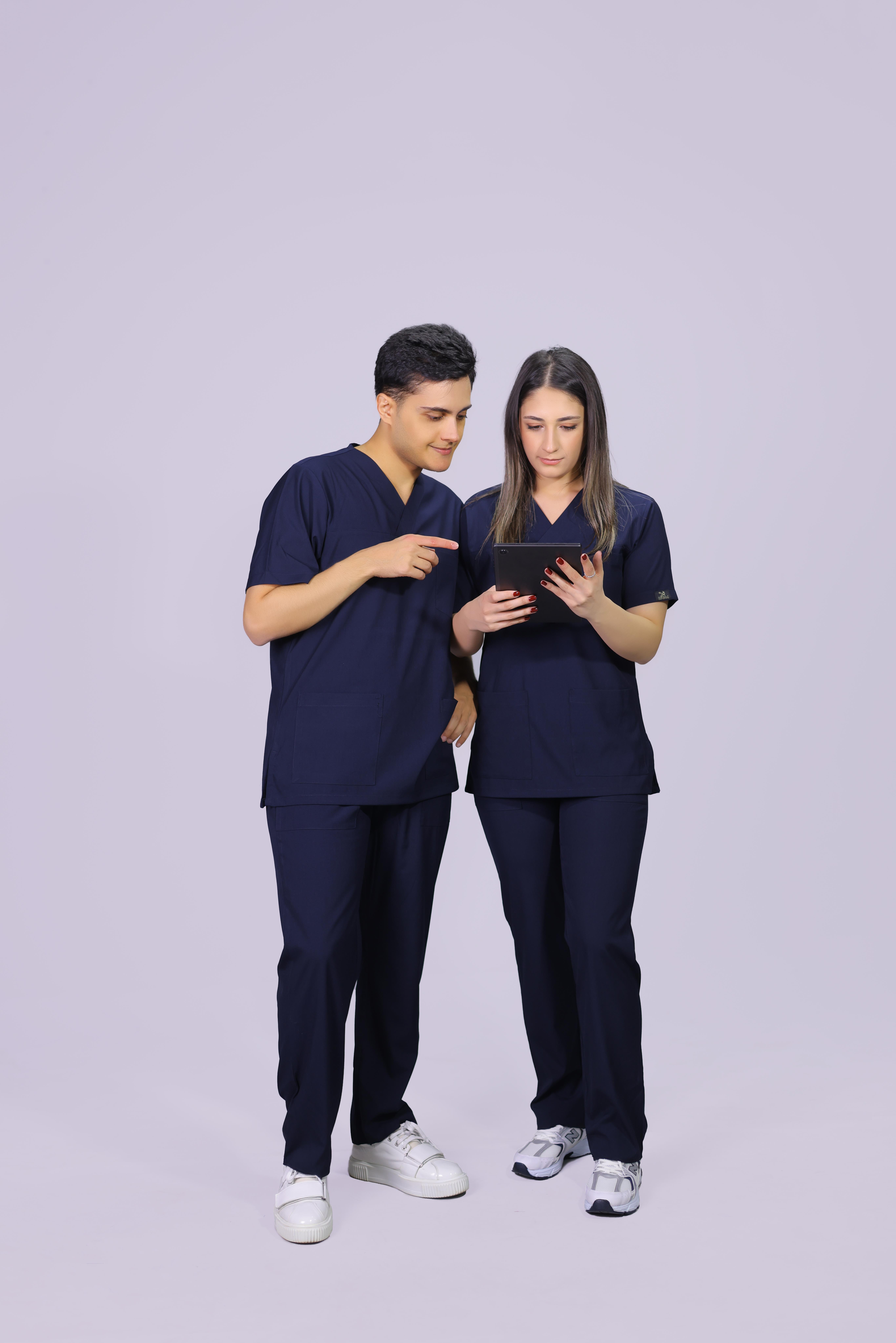 Lacivert  Lüks Likrali Klasik Unisex Overlock Paça Cerrahi Üniforma Takım
