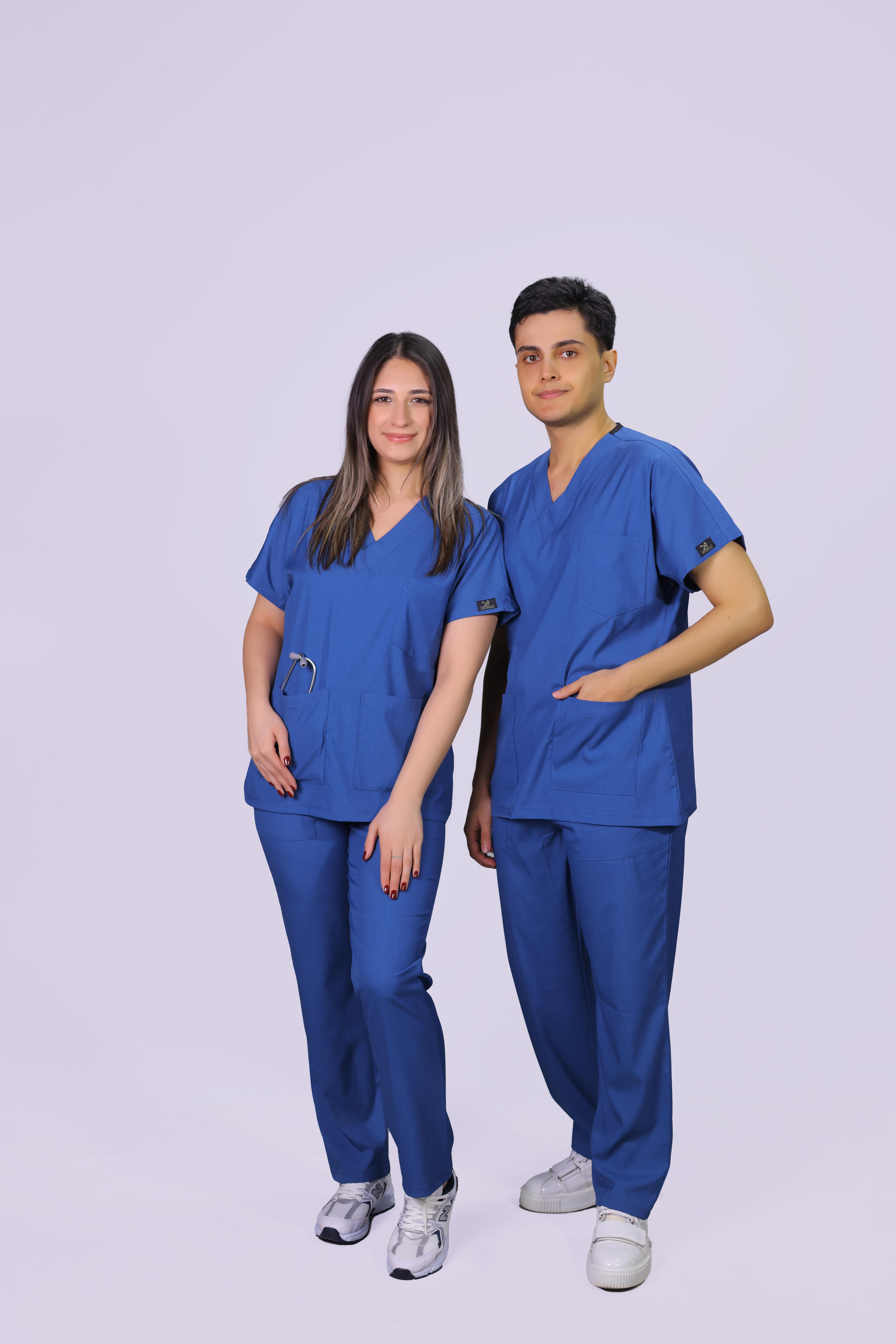 Mavi Dara Takım Lüks Likrali Klasik Unisex Orjinal Paça Cerrahi Üniforma Takım 