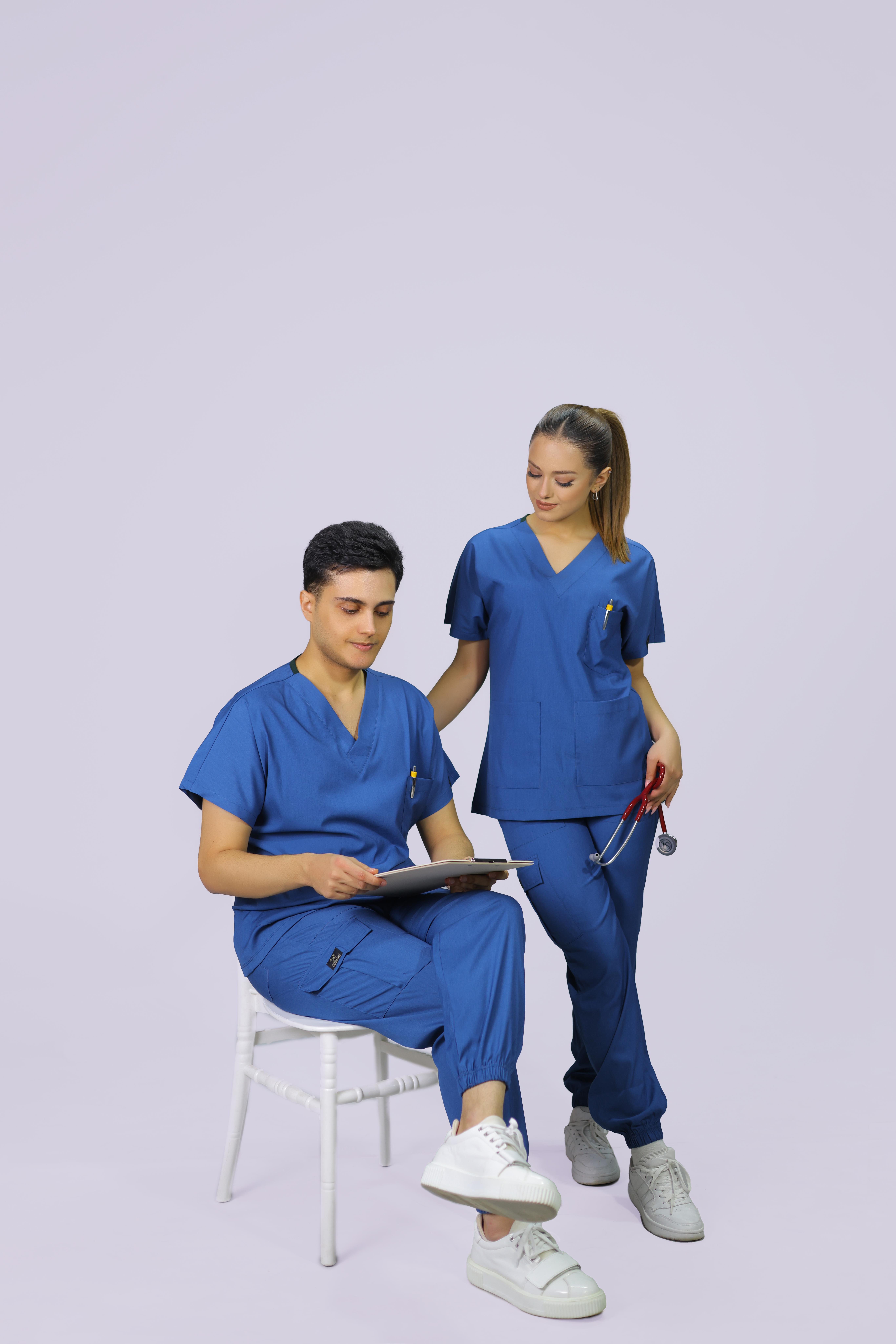 Mavi  Jogger Paça Lüks Likralı Unisex Üniforma Takımı