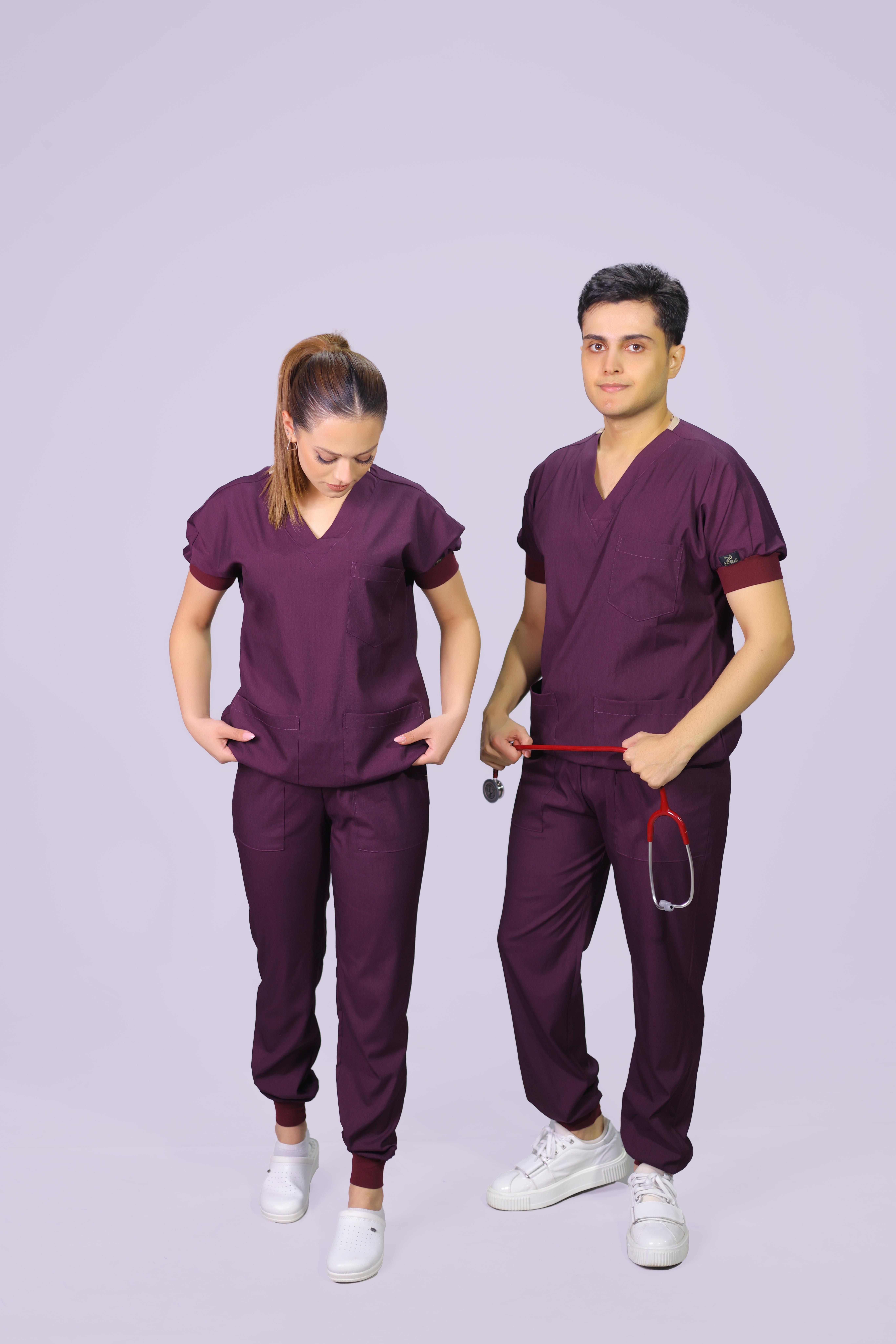 Mürdüm Ribanalı Lüks Likralı Unisex Hemşire Doktor Üniforma Takımı 