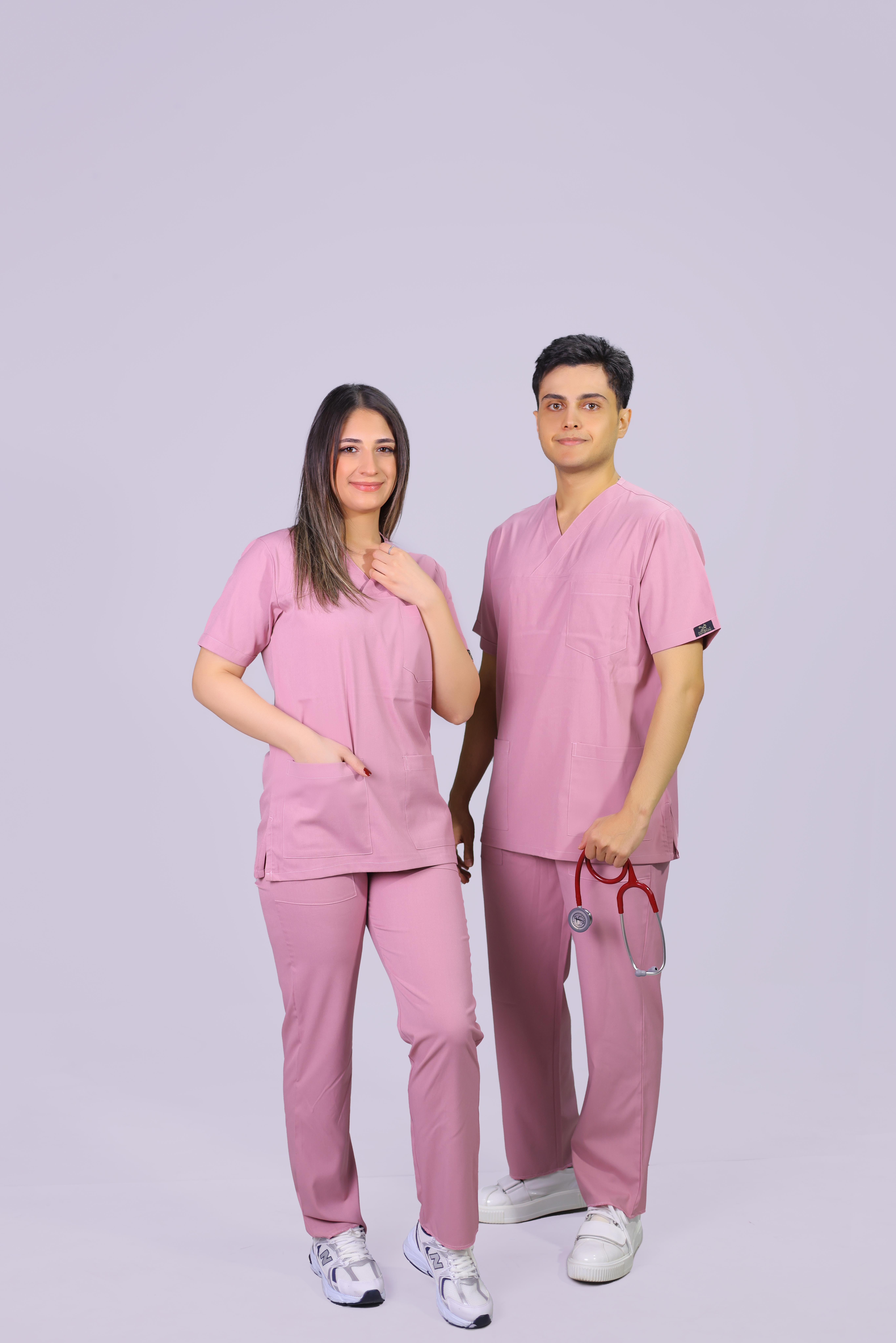 Pembe  Lüks Likrali Klasik Unisex Overlock Paça Cerrahi Üniforma Takım 