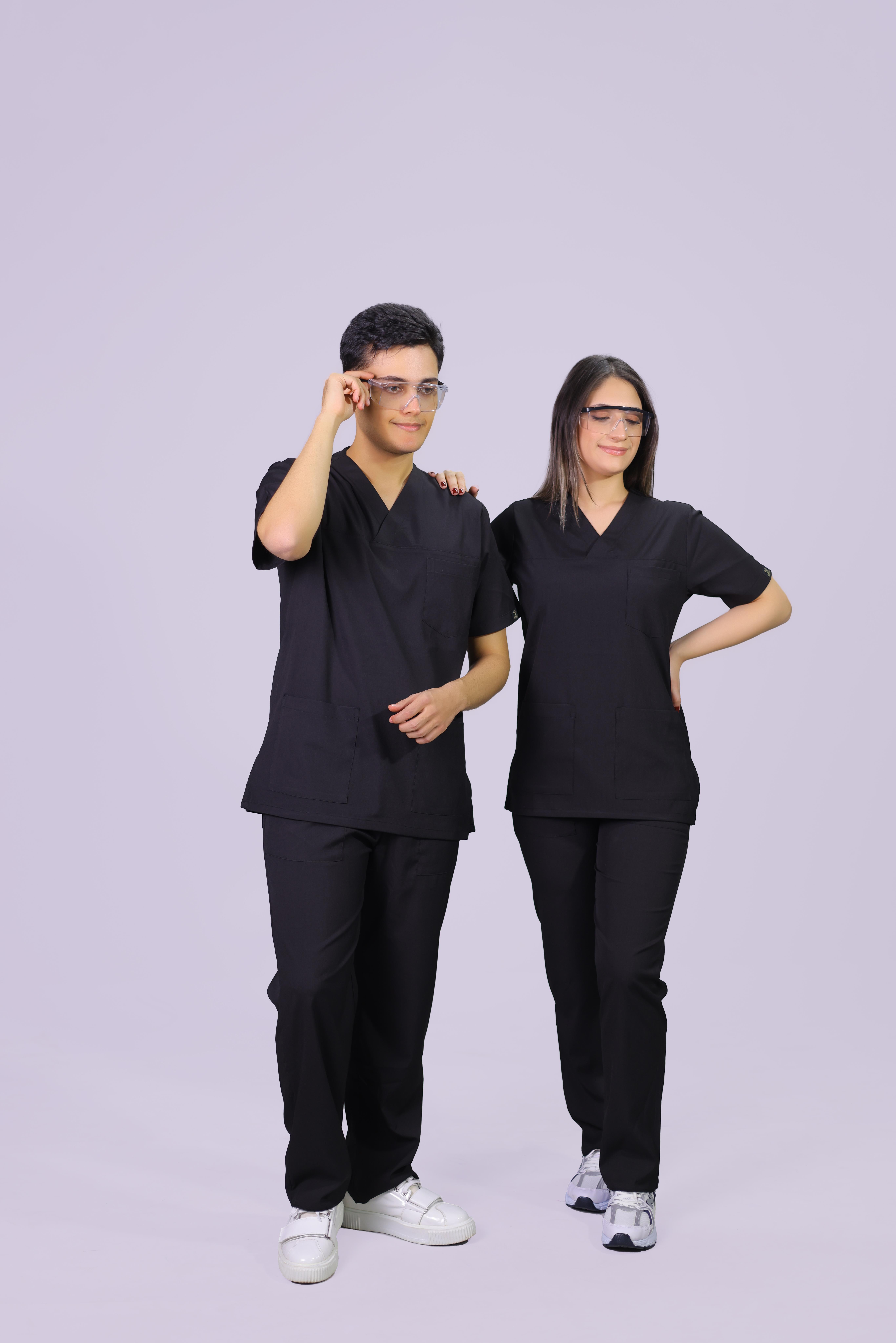 Siyah Lüks Likrali Klasik Unisex Overlock Paça Cerrahi Üniforma Takım