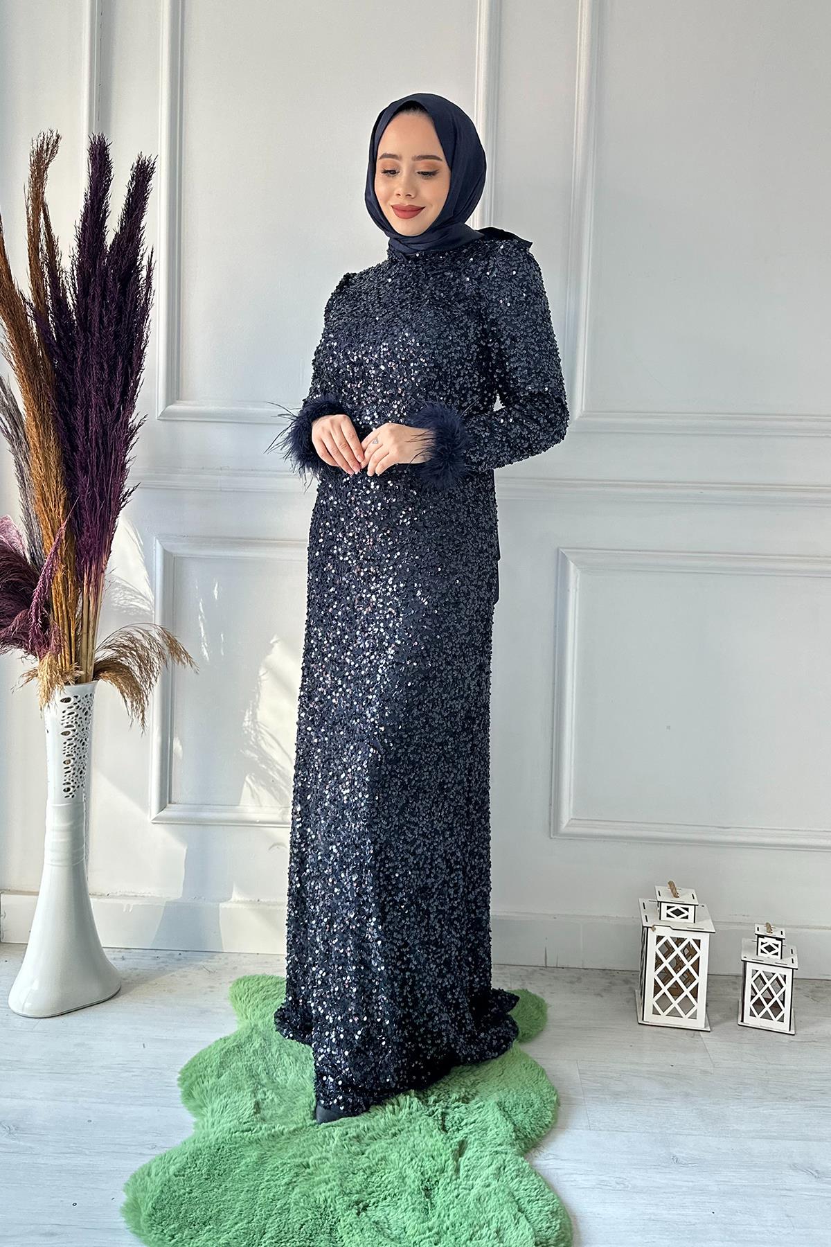 B.LİFE KOMPLE PULLU KOL TÜYLÜ ABİYE 2490 Lacivert