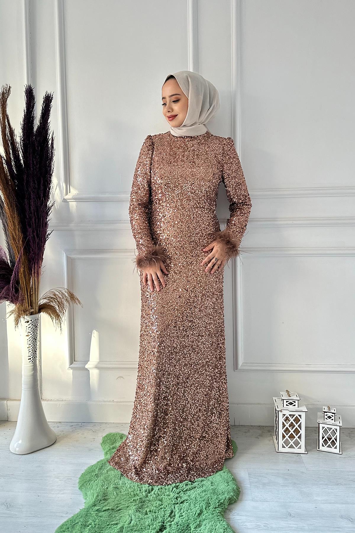 B.LİFE KOMPLE PULLU KOL TÜYLÜ ABİYE 2490 Vizon