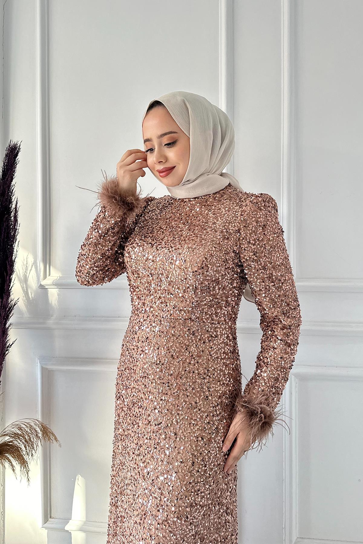 B.LİFE KOMPLE PULLU KOL TÜYLÜ ABİYE 2490 Vizon