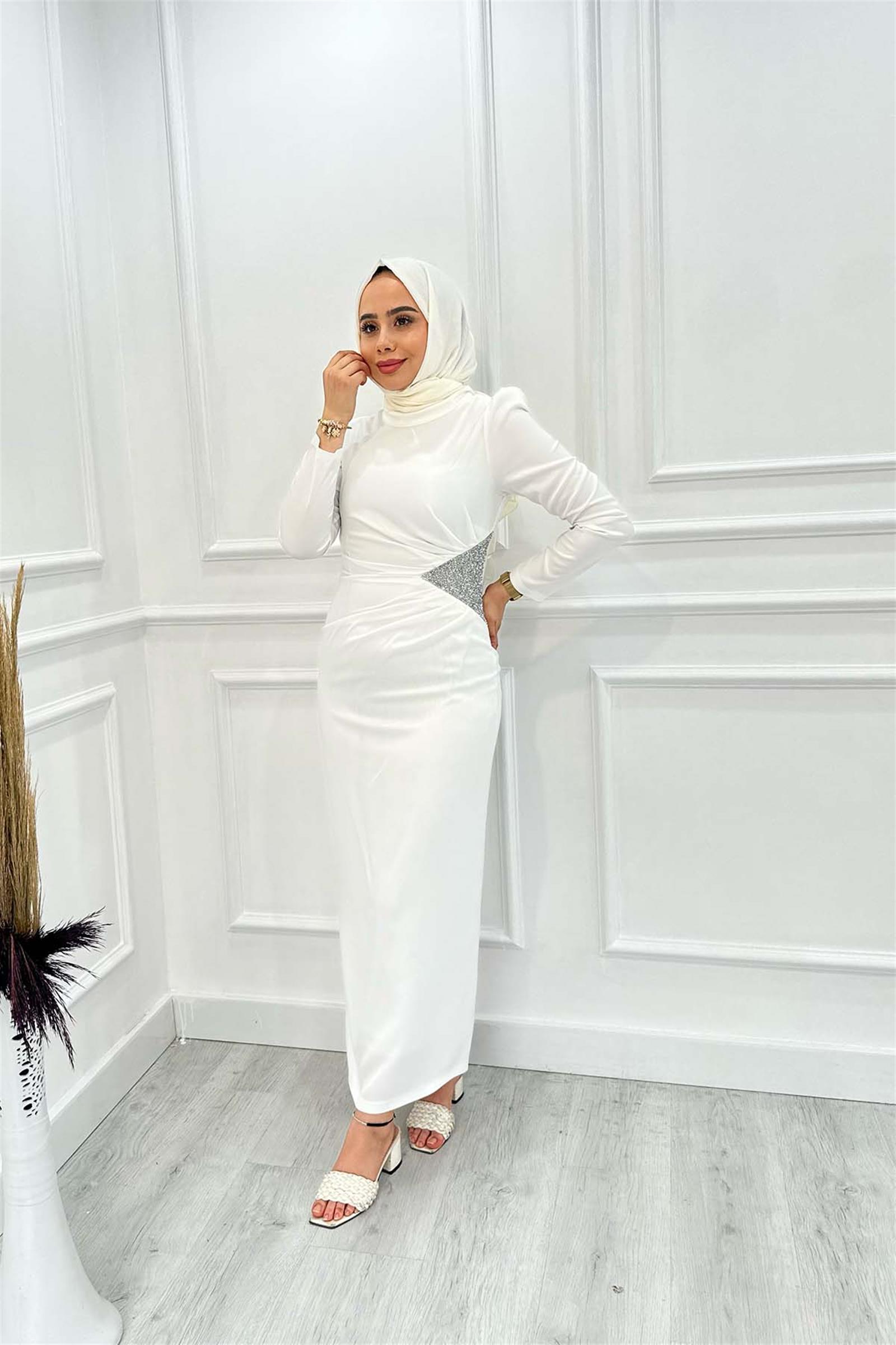 BELİ TAŞLI SATEN ELBİSE 4748 Ekru