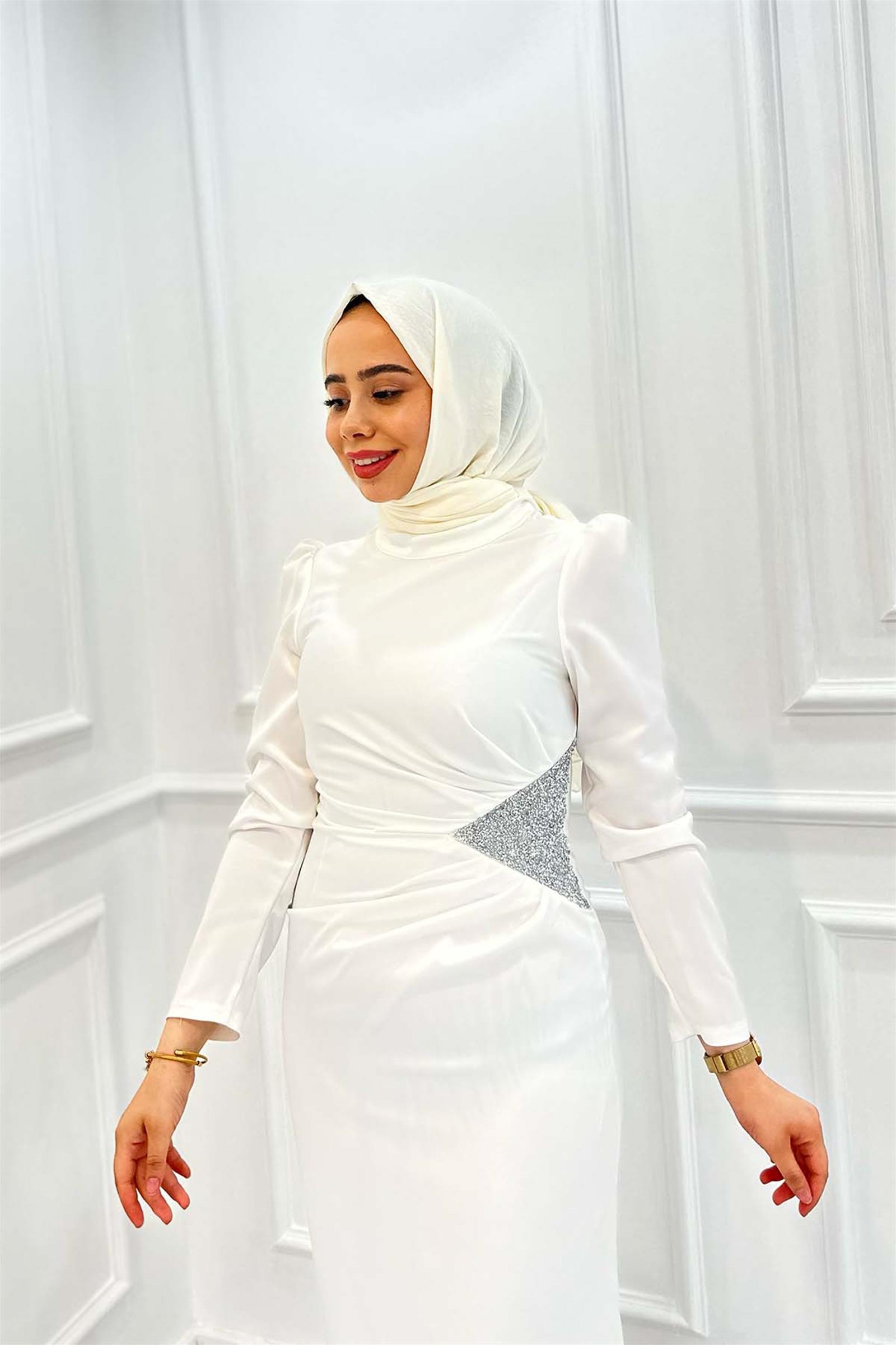 BELİ TAŞLI SATEN ELBİSE 4748 Ekru