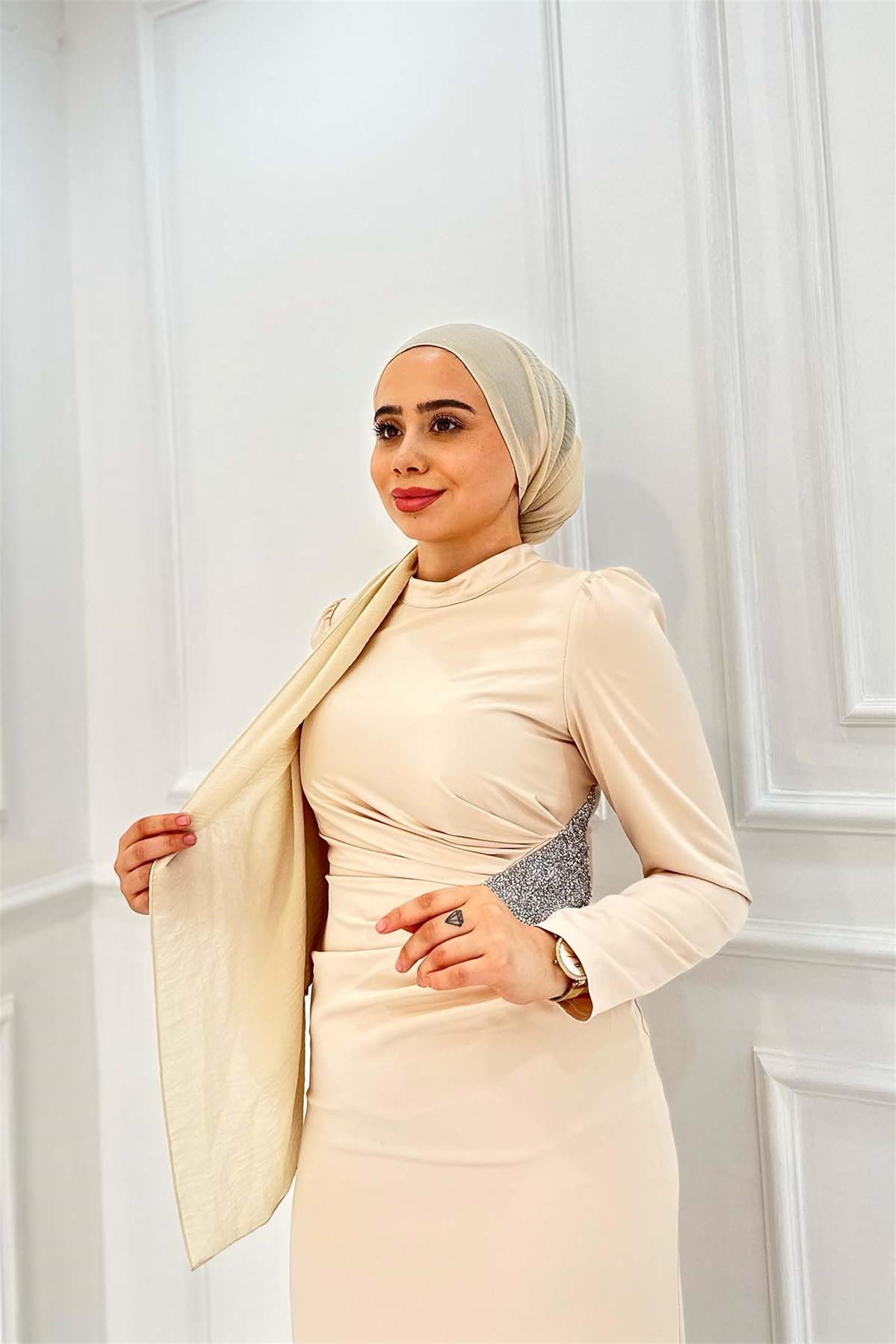 BELİ TAŞLI SATEN ELBİSE 4748 Taş