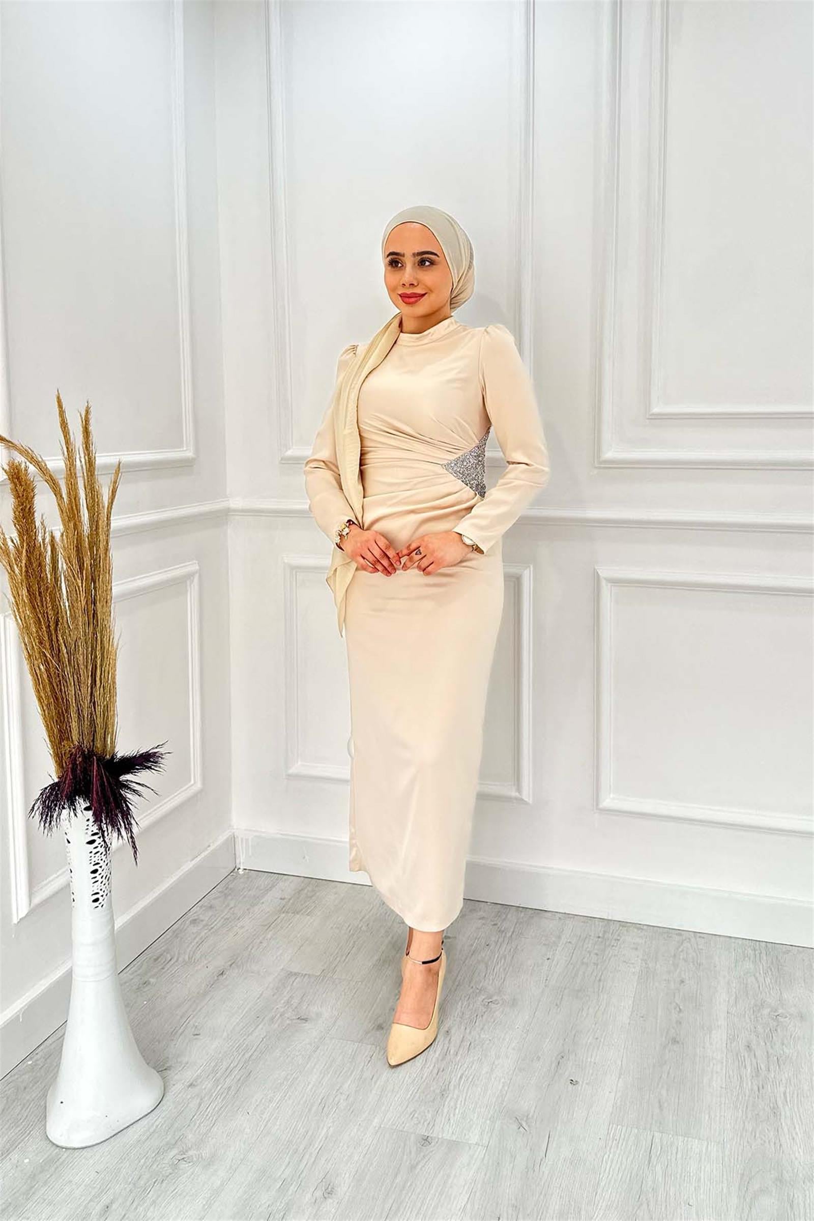 BELİ TAŞLI SATEN ELBİSE 4748 Taş
