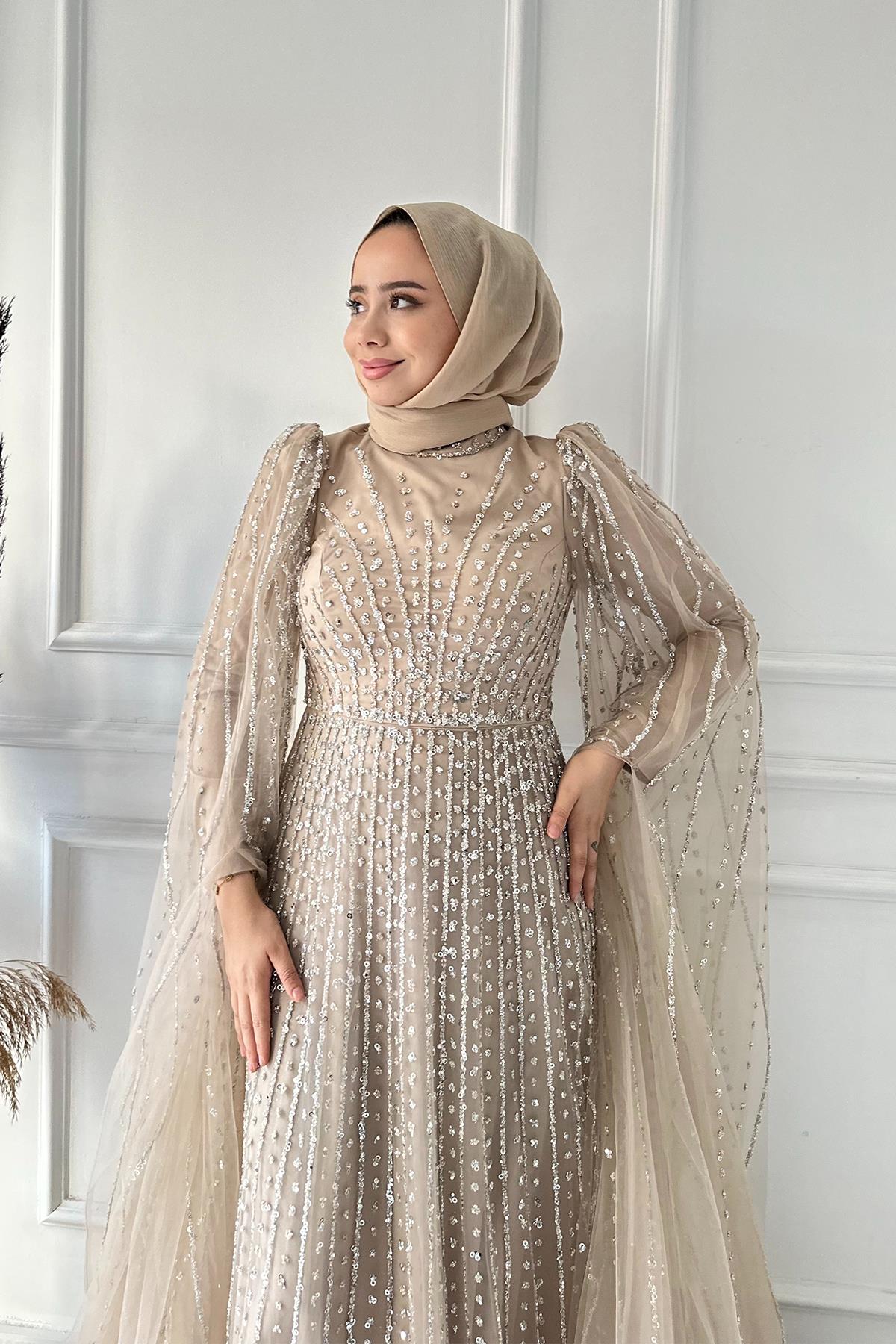 HENNİN KOMPLE PULLU KOL PELERİN  ABİYE 4776 Taş