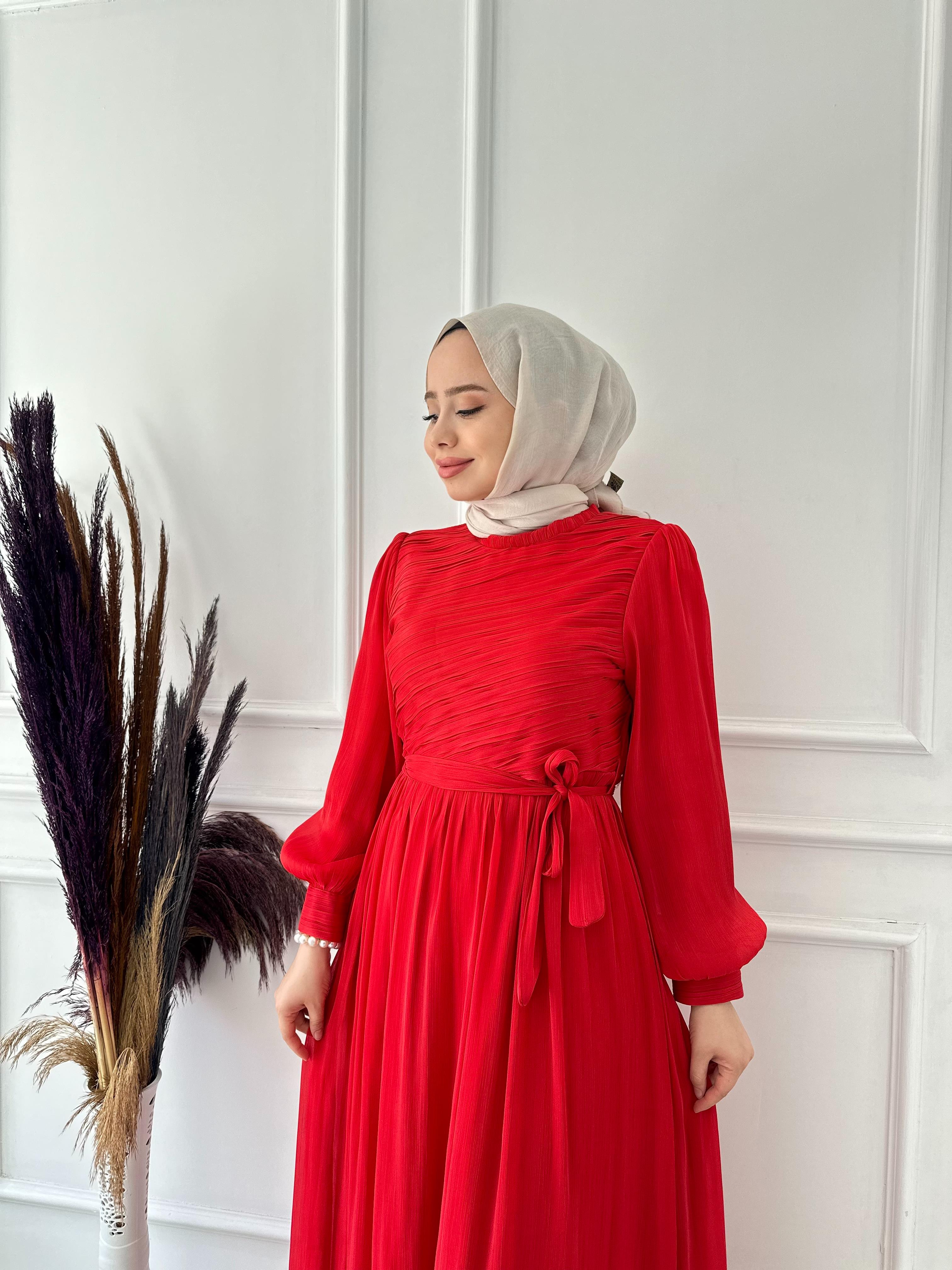 kollları balon kristal saten stil elbise 4923 kırmızı