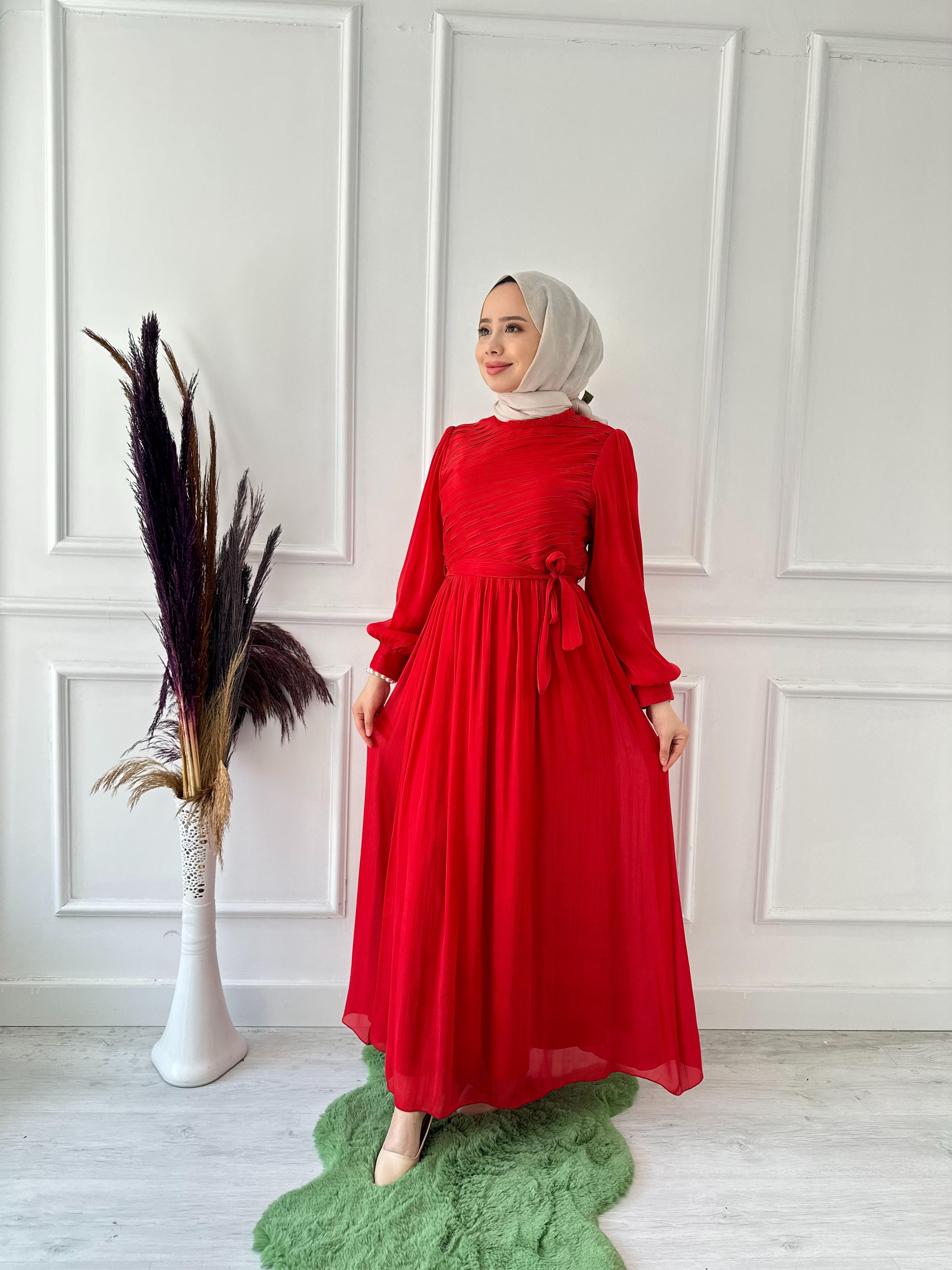kollları balon kristal saten stil elbise 4923 kırmızı