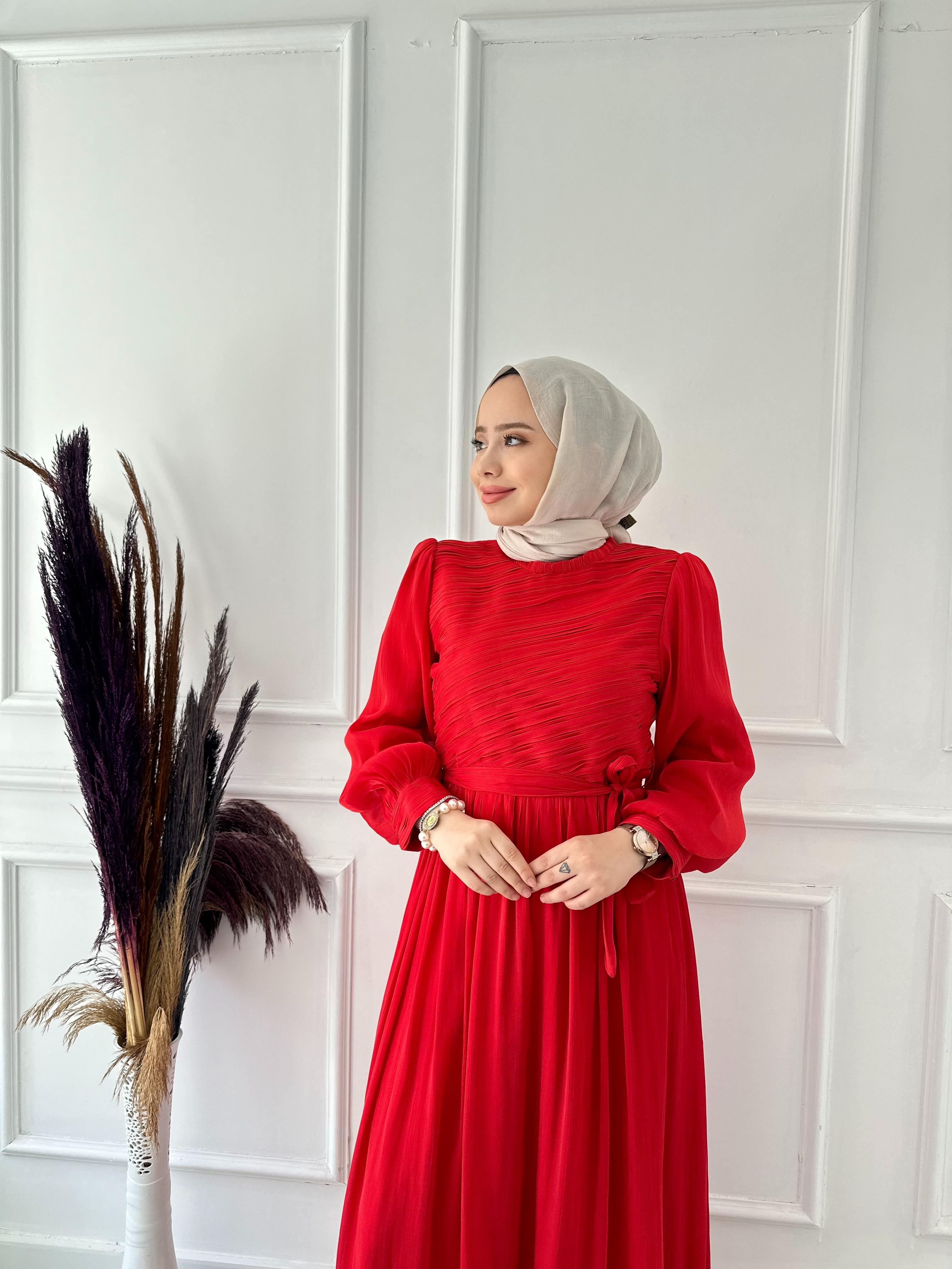 kollları balon kristal saten stil elbise 4923 kırmızı