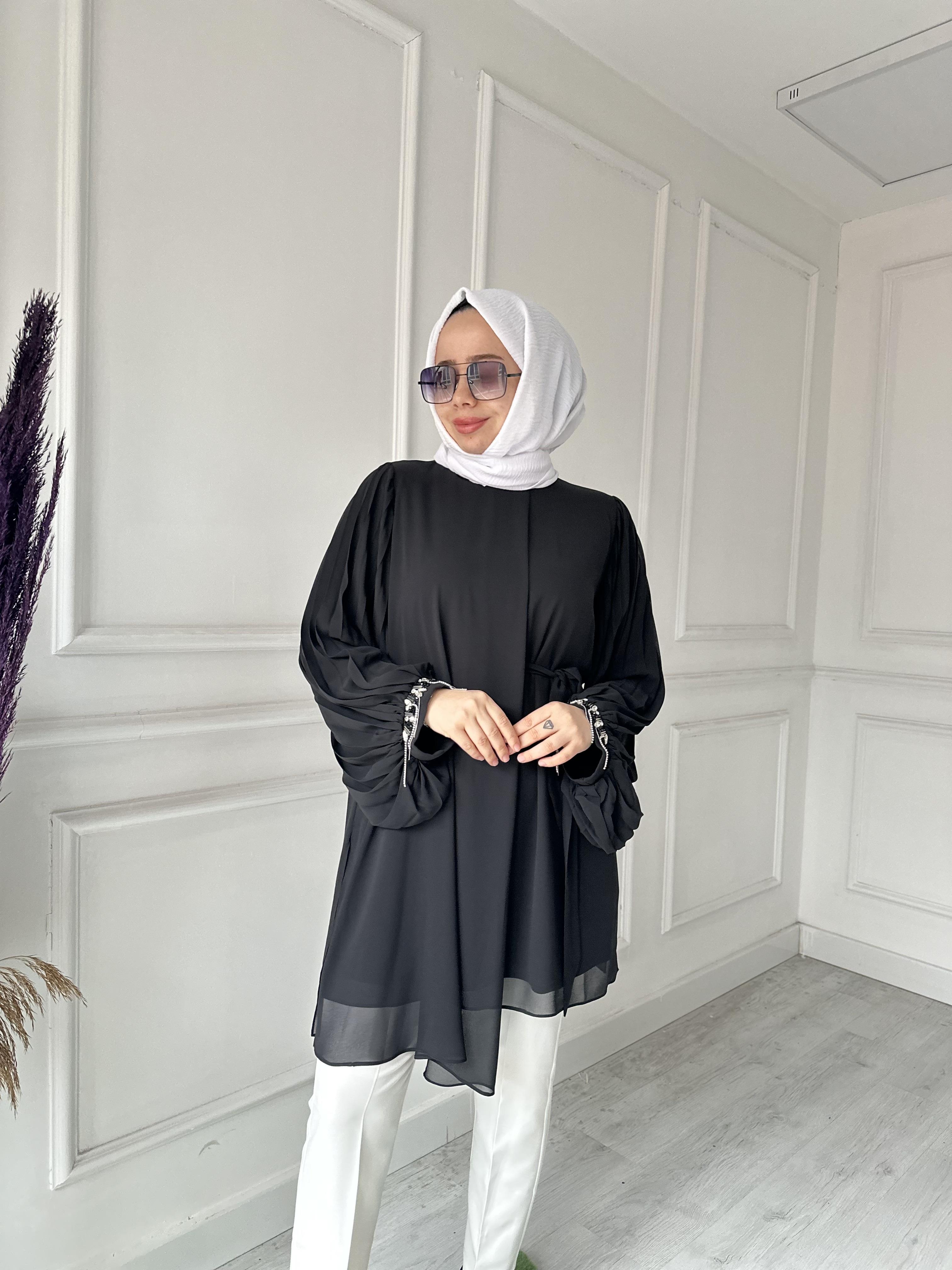 Kolu Taşlı Abiye Tunik 50257 Siyah
