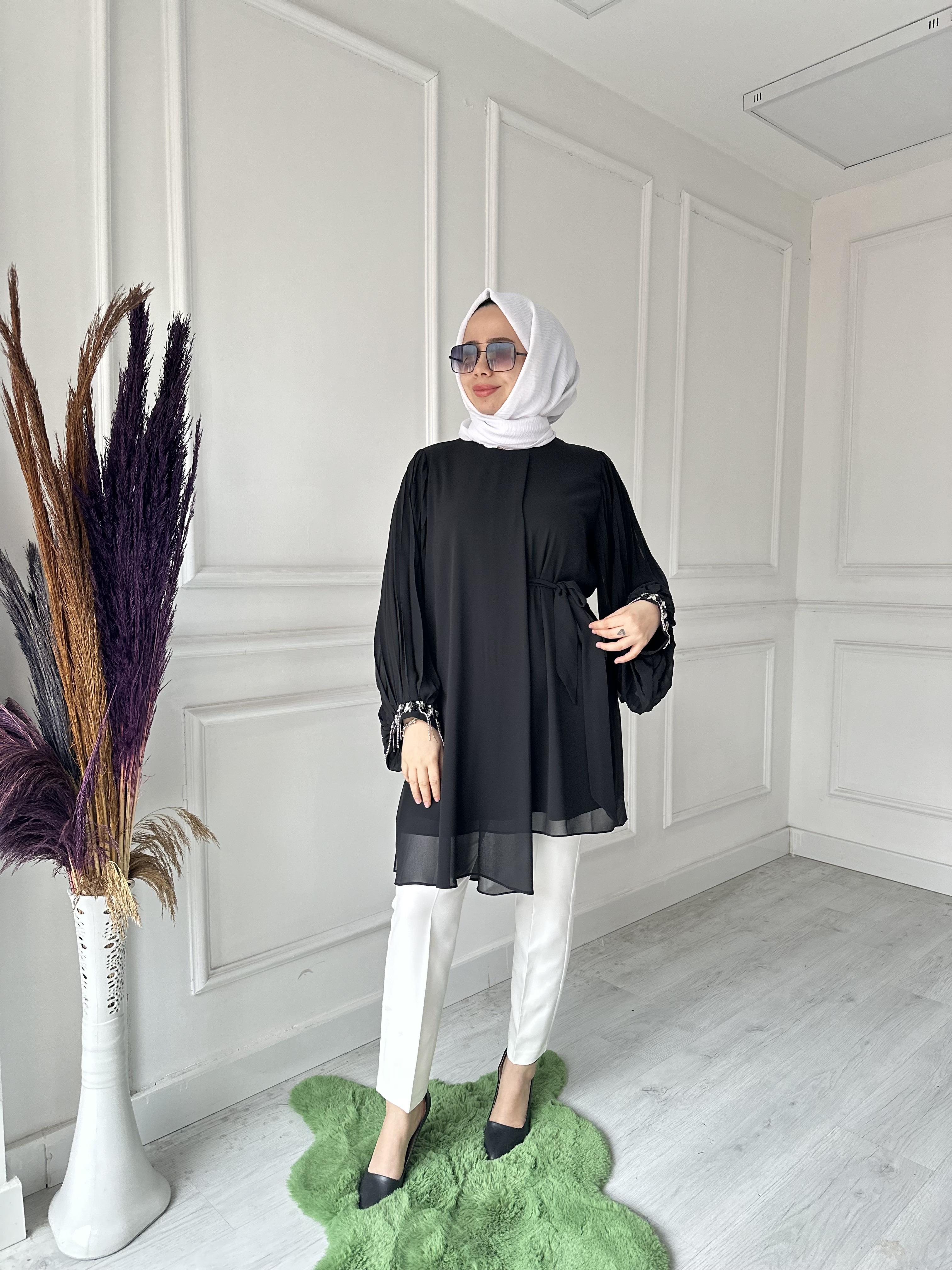Kolu Taşlı Abiye Tunik 50257 Siyah