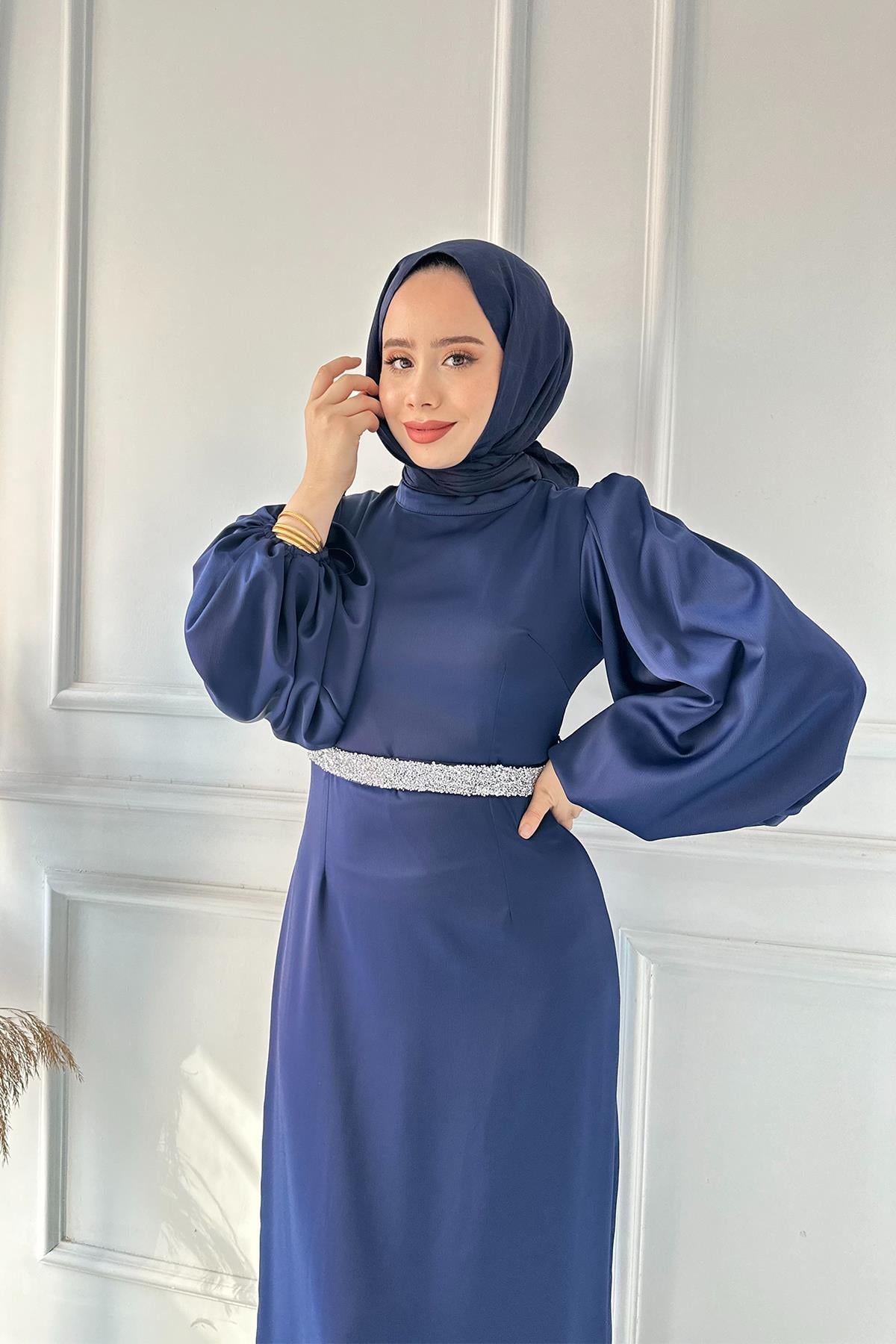 STİLİFE BALON KOL KEMER TAŞLI SATEN ELB 4977 Lacivert