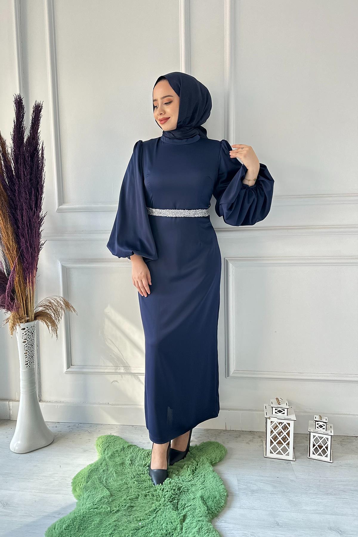 STİLİFE BALON KOL KEMER TAŞLI SATEN ELB 4977 Lacivert
