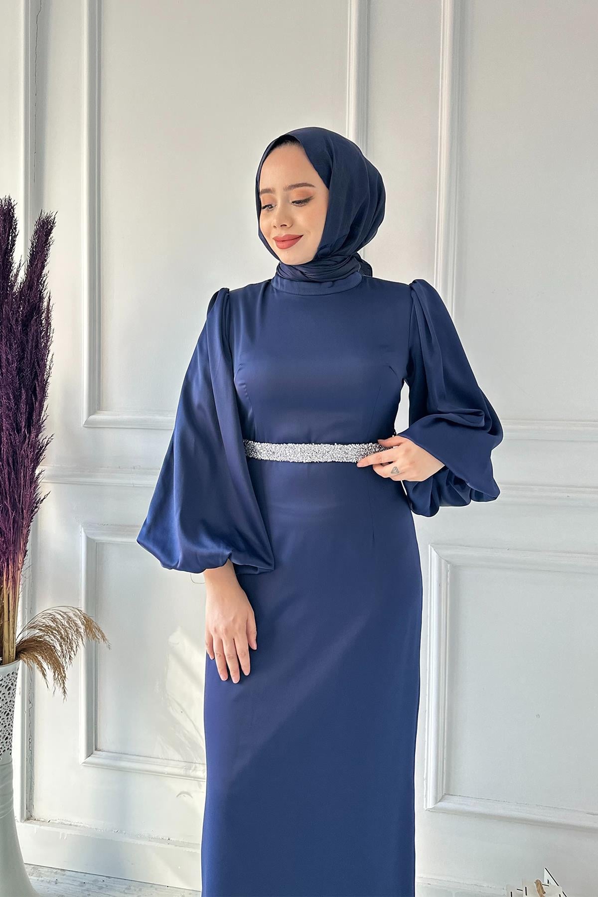 STİLİFE BALON KOL KEMER TAŞLI SATEN ELB 4977 Lacivert