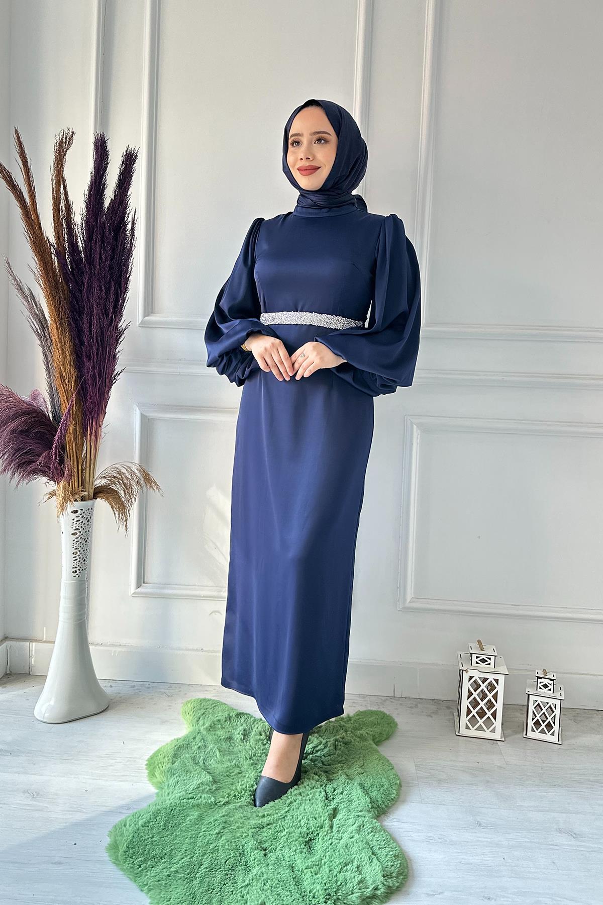STİLİFE BALON KOL KEMER TAŞLI SATEN ELB 4977 Lacivert