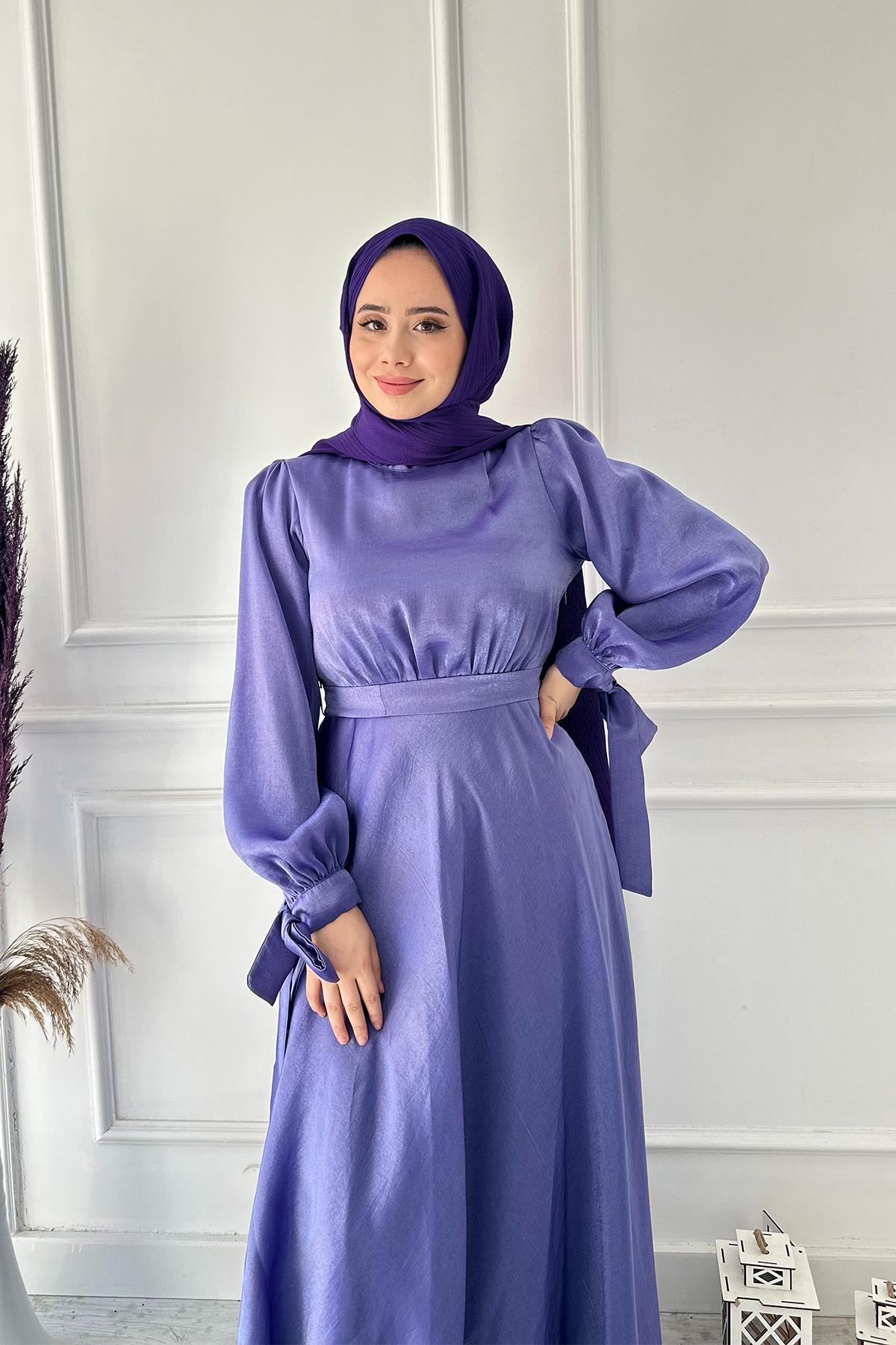 STİLİFE BEL KOL BAĞLAMA SATEN ABİYE 4971 Lila