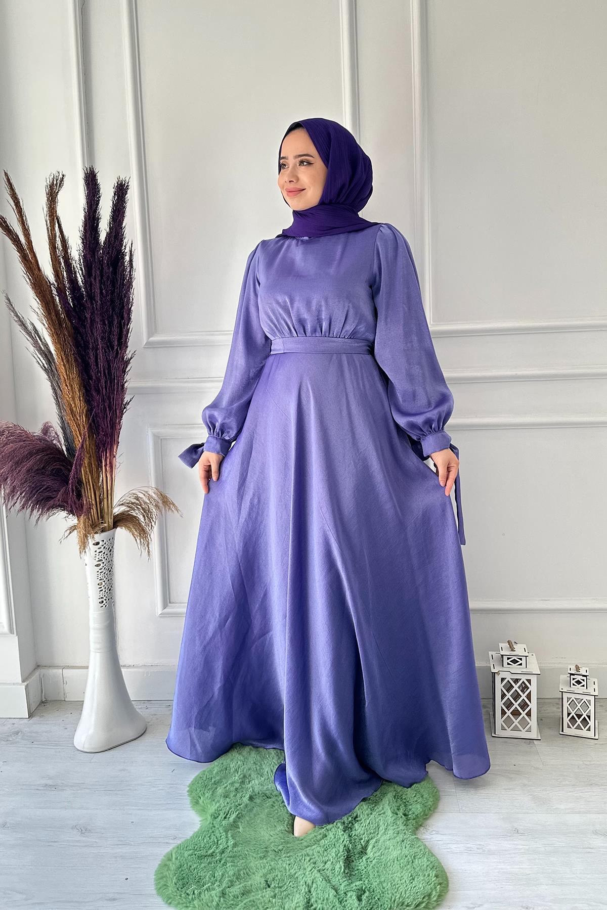 STİLİFE BEL KOL BAĞLAMA SATEN ABİYE 4971 Lila