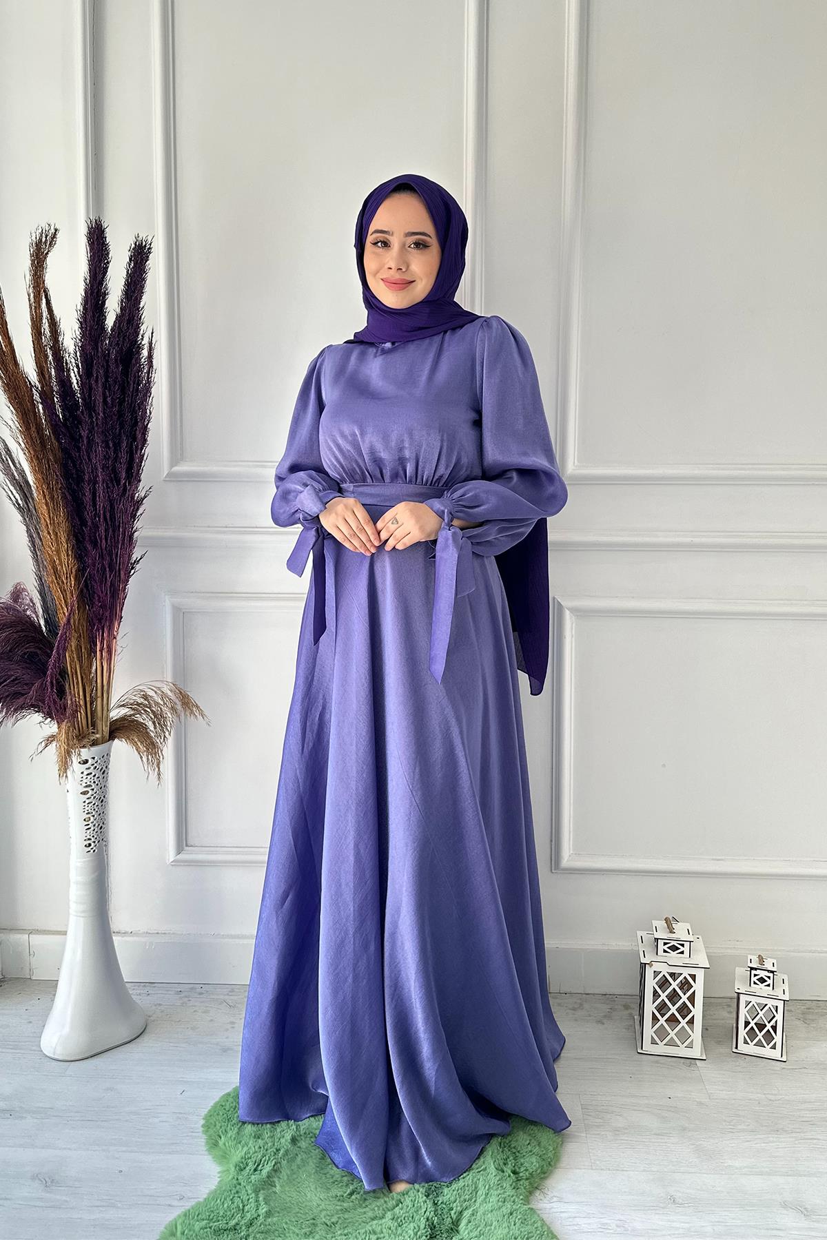 STİLİFE BEL KOL BAĞLAMA SATEN ABİYE 4971 Lila
