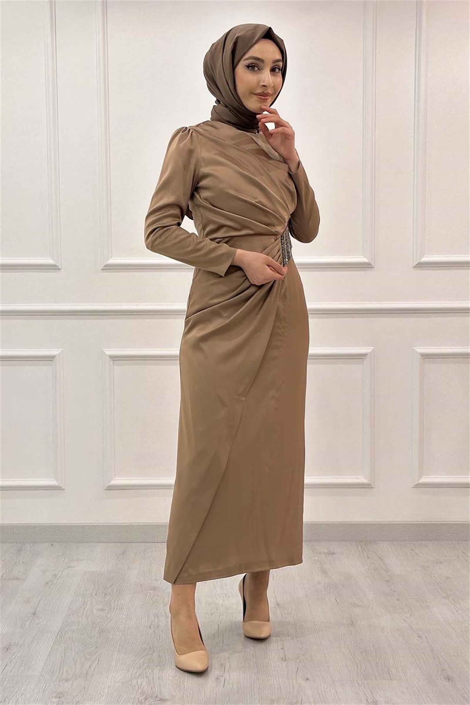 Stilife Bel Taş Saten Abiye 4709 Vizon