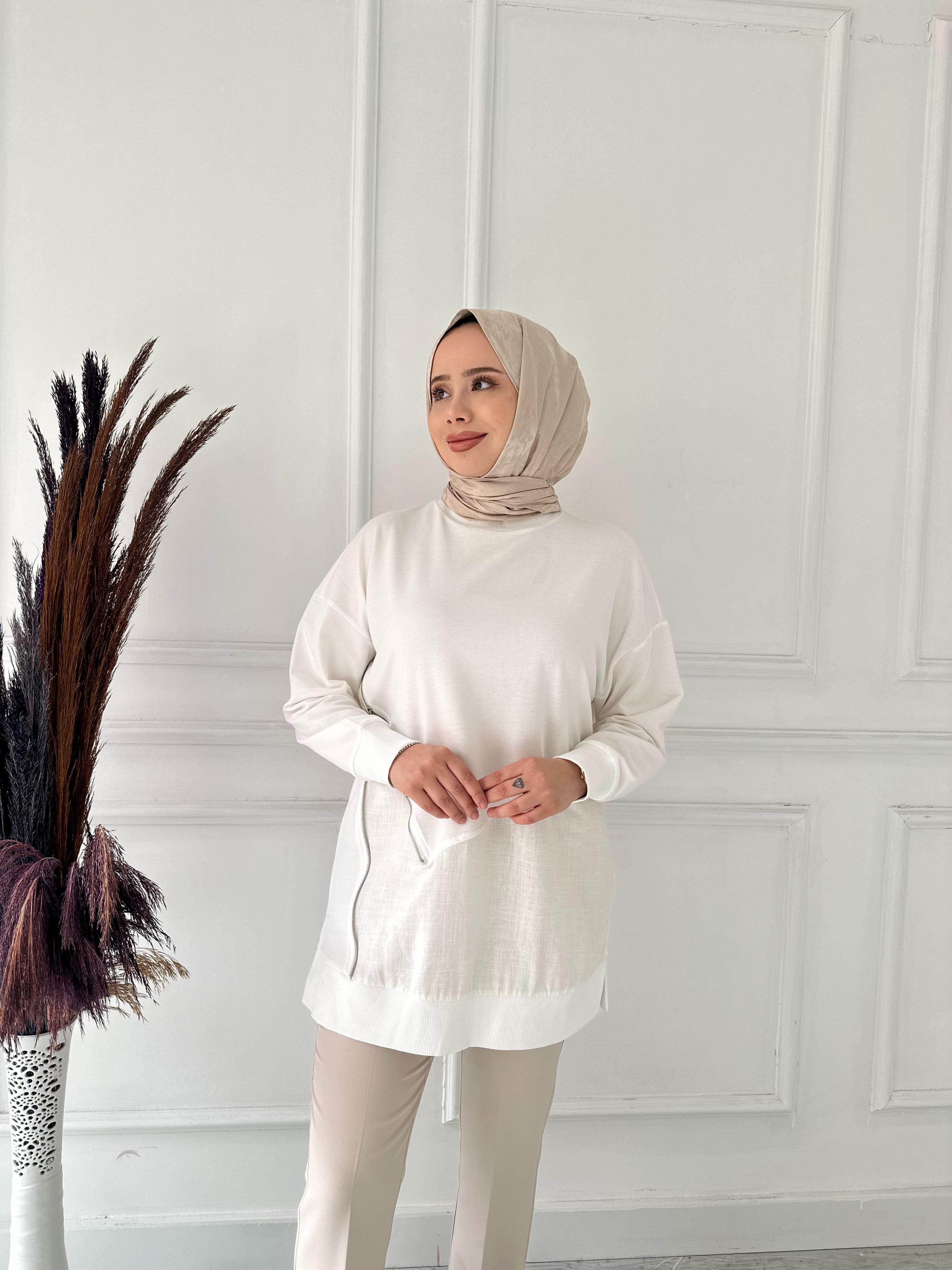 YAN ZİNCİR DETAY SWT TUNİK 10463 Ekru