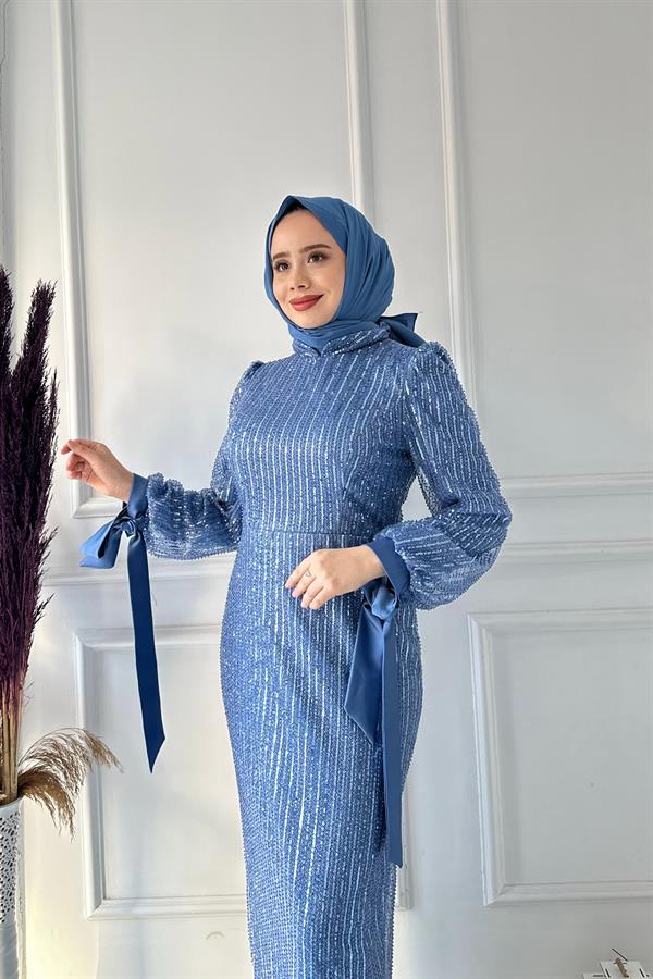 B.LİFE KOMPLE PULLU KOL KURDELE ABİYE 2471 Mavi