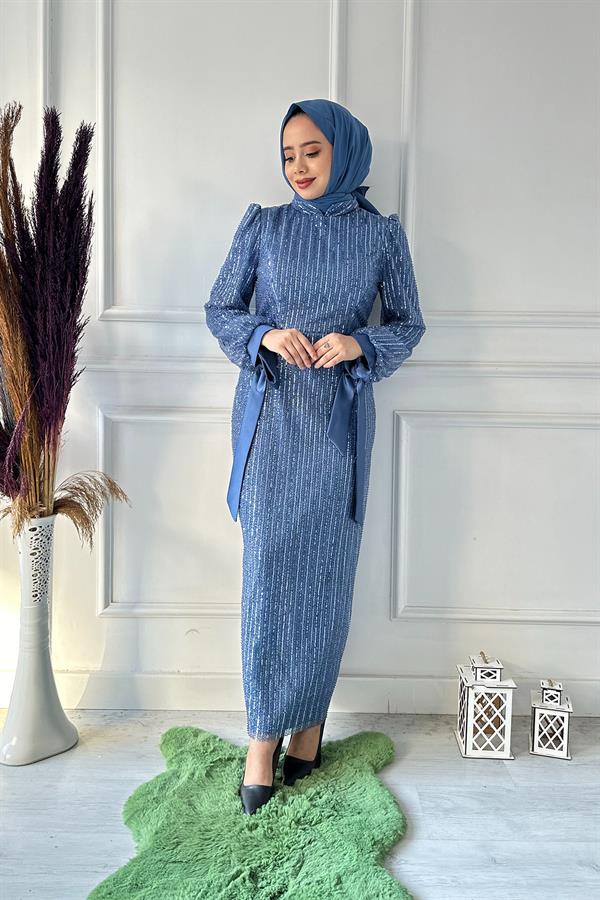 B.LİFE KOMPLE PULLU KOL KURDELE ABİYE 2471 Mavi