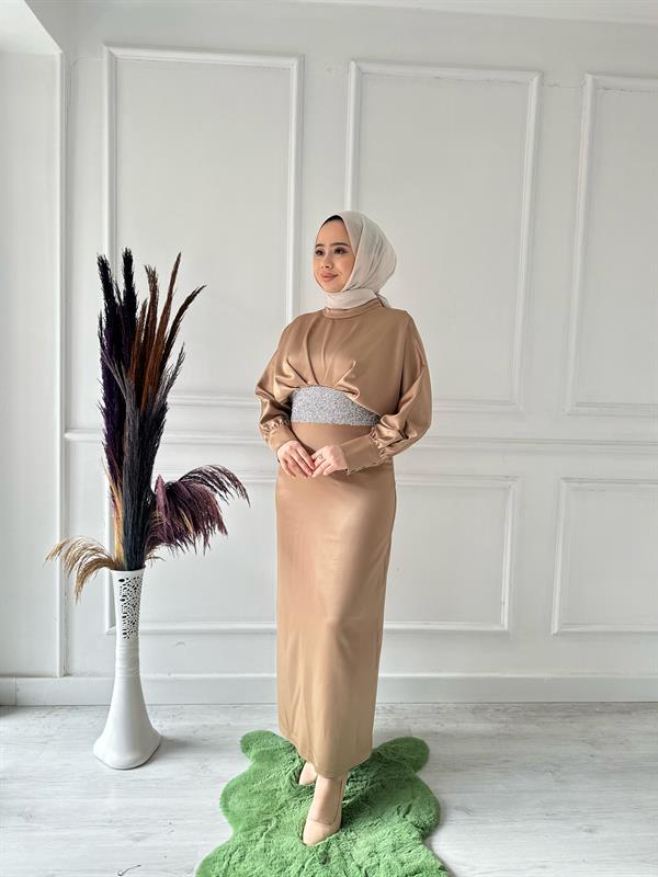 balon kol önü taş detay elbise 4862 KARAMEL