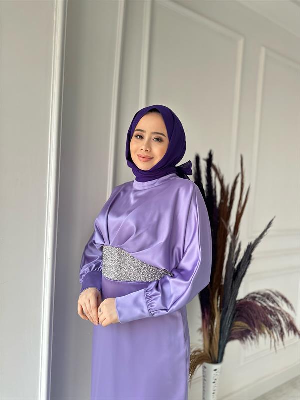 balon kol önü taş detay elbise 4862 Lila