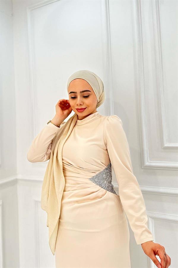 BELİ TAŞLI SATEN ELBİSE 4748 Taş