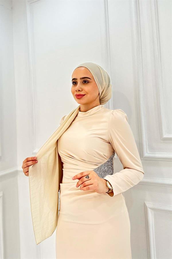 BELİ TAŞLI SATEN ELBİSE 4748 Taş
