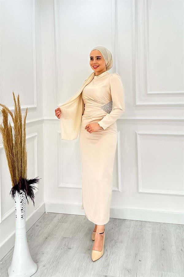 BELİ TAŞLI SATEN ELBİSE 4748 Taş