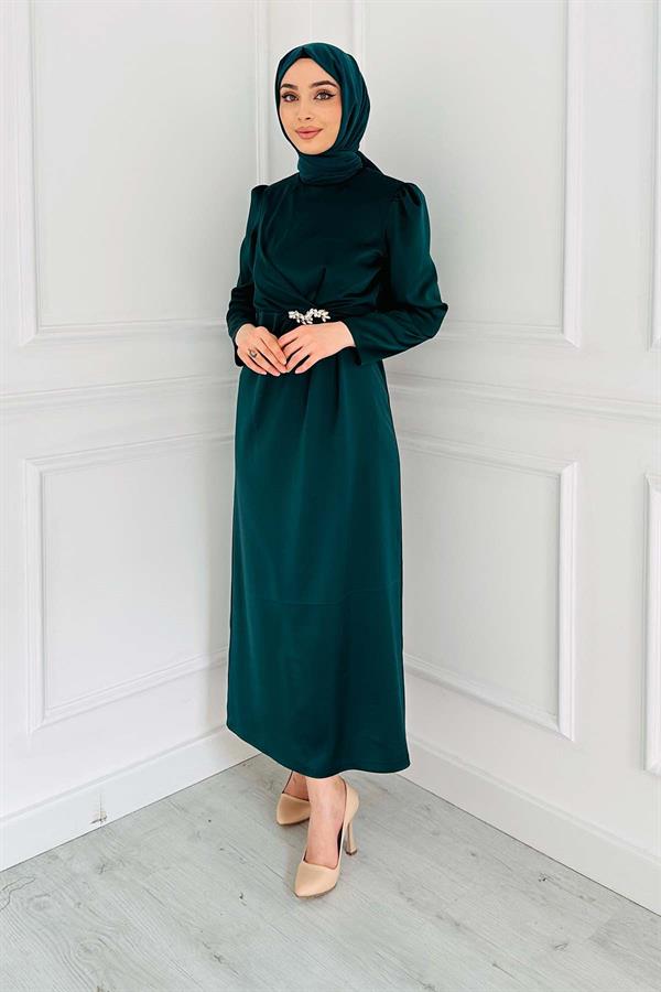 Broşlu Saten Elbise 4767 Yeşil