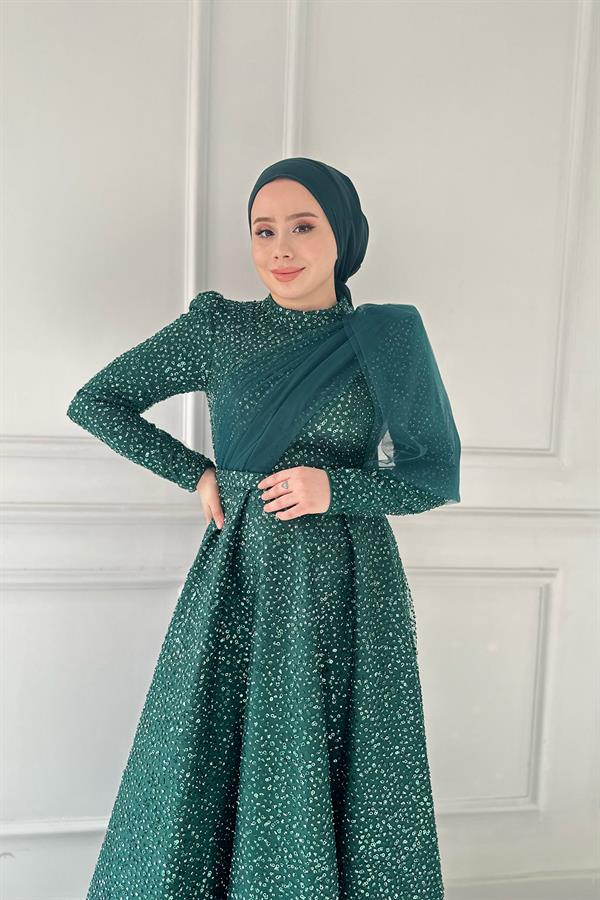 cam taşlı hennin abiye 4766 Zümrüt
