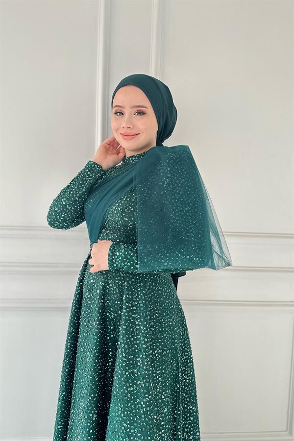 cam taşlı hennin abiye 4766 Zümrüt