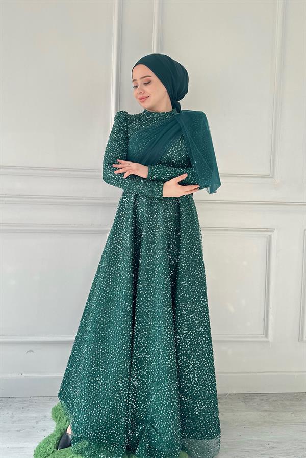 cam taşlı hennin abiye 4766 Zümrüt