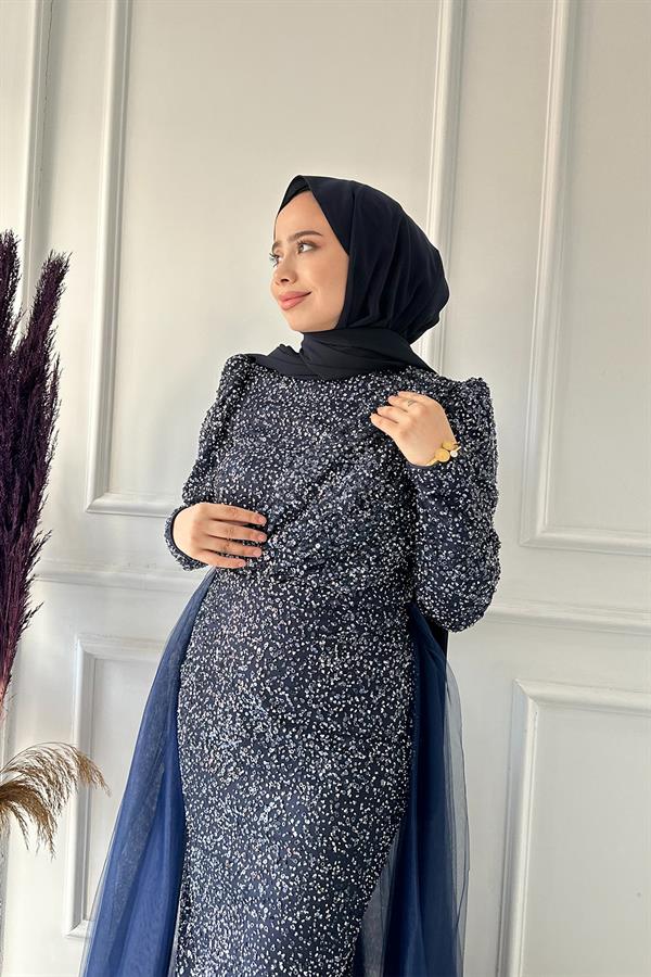 HENNİN KOMPLE PUL ARKASI TÜL ABİYE 4783 Lacivert