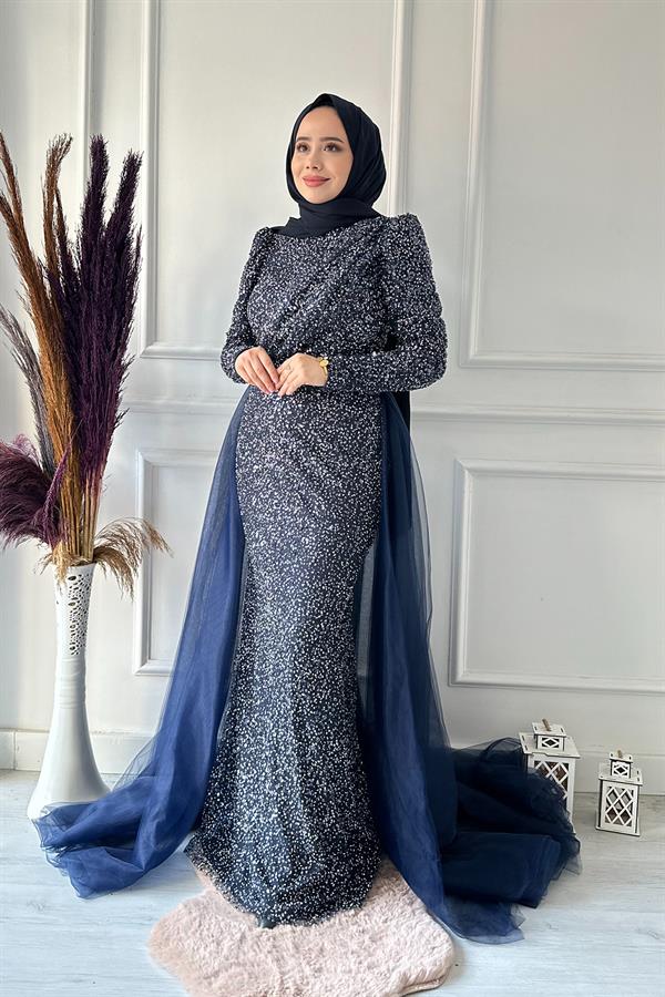 HENNİN KOMPLE PUL ARKASI TÜL ABİYE 4783 Lacivert